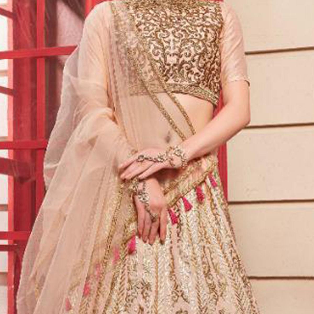 Refreshing Salmon Pink Colored Party Wear Foil Print Thai Silk Lehenga Choli - Peachmode