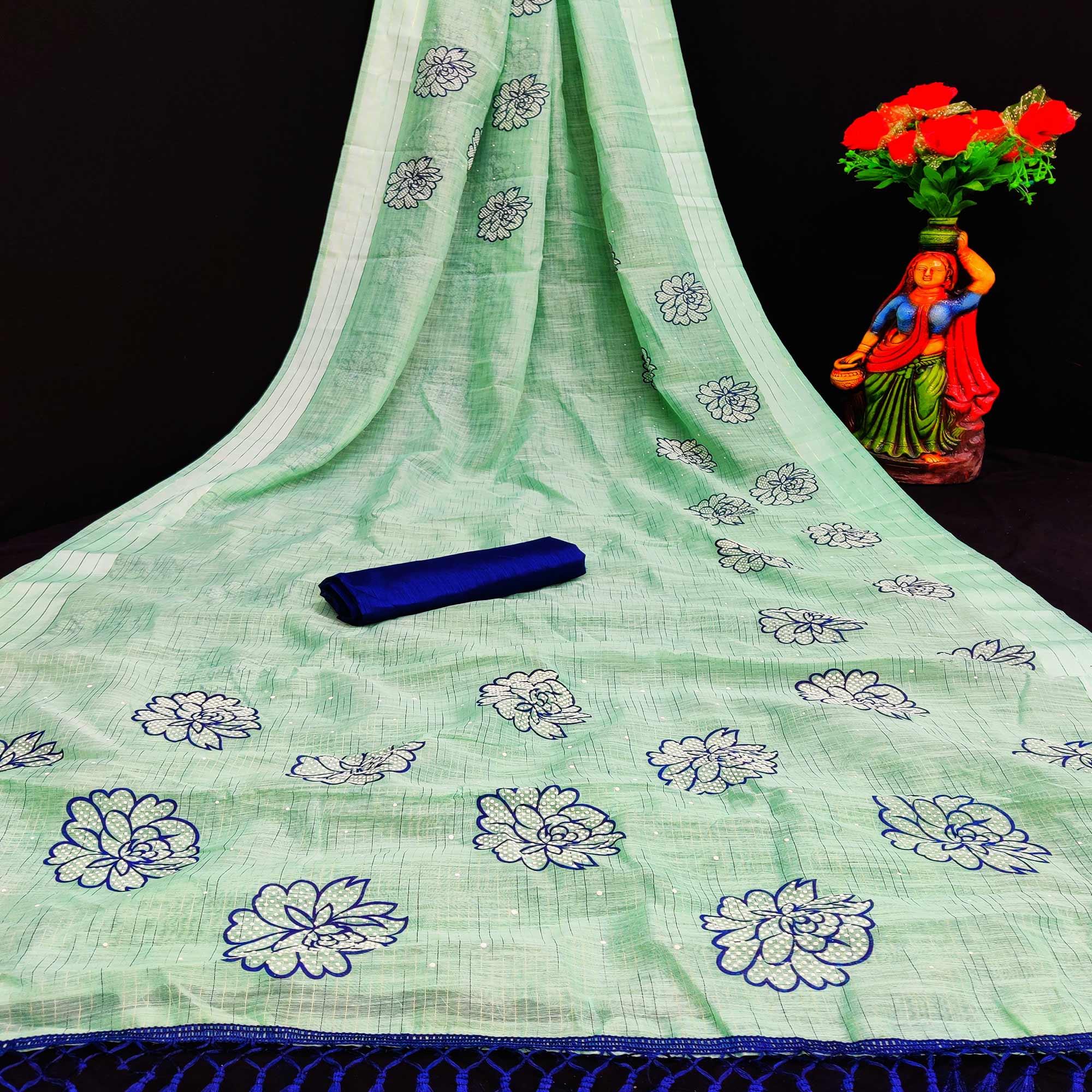 Refreshing Sea Green Coloured Striped Pattern Printed Casual Wear Cotton Saree - Peachmode