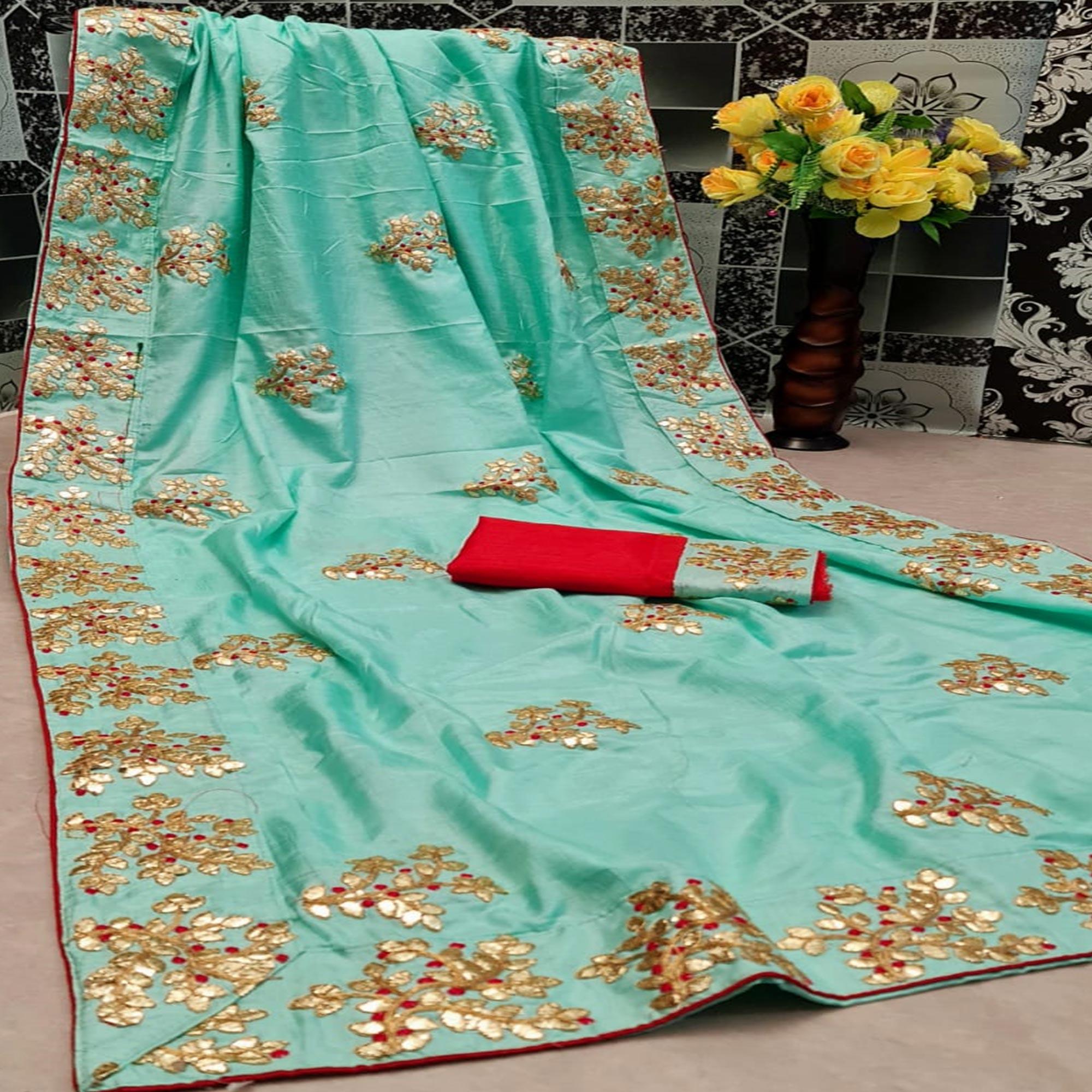 Refreshing Turquoise Green Colored Festive Wear Butta Work Dola Silk Saree - Peachmode