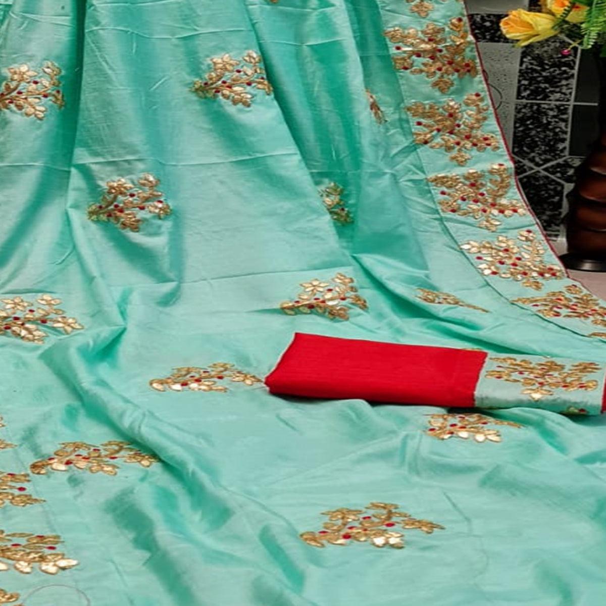 Refreshing Turquoise Green Colored Festive Wear Butta Work Dola Silk Saree - Peachmode