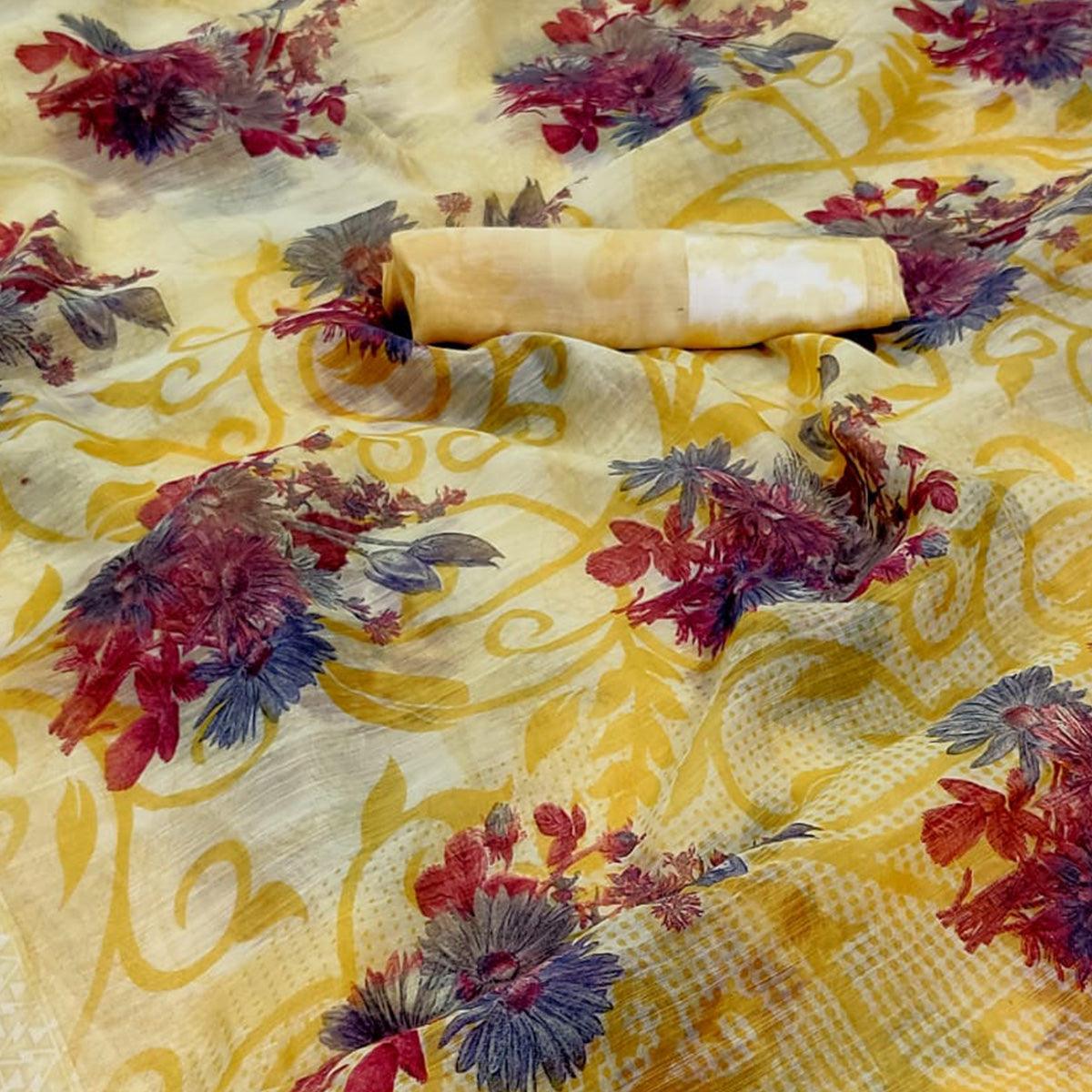 Refreshing Yellow Colored Casual Wear Floral Printed Linen Saree - Peachmode