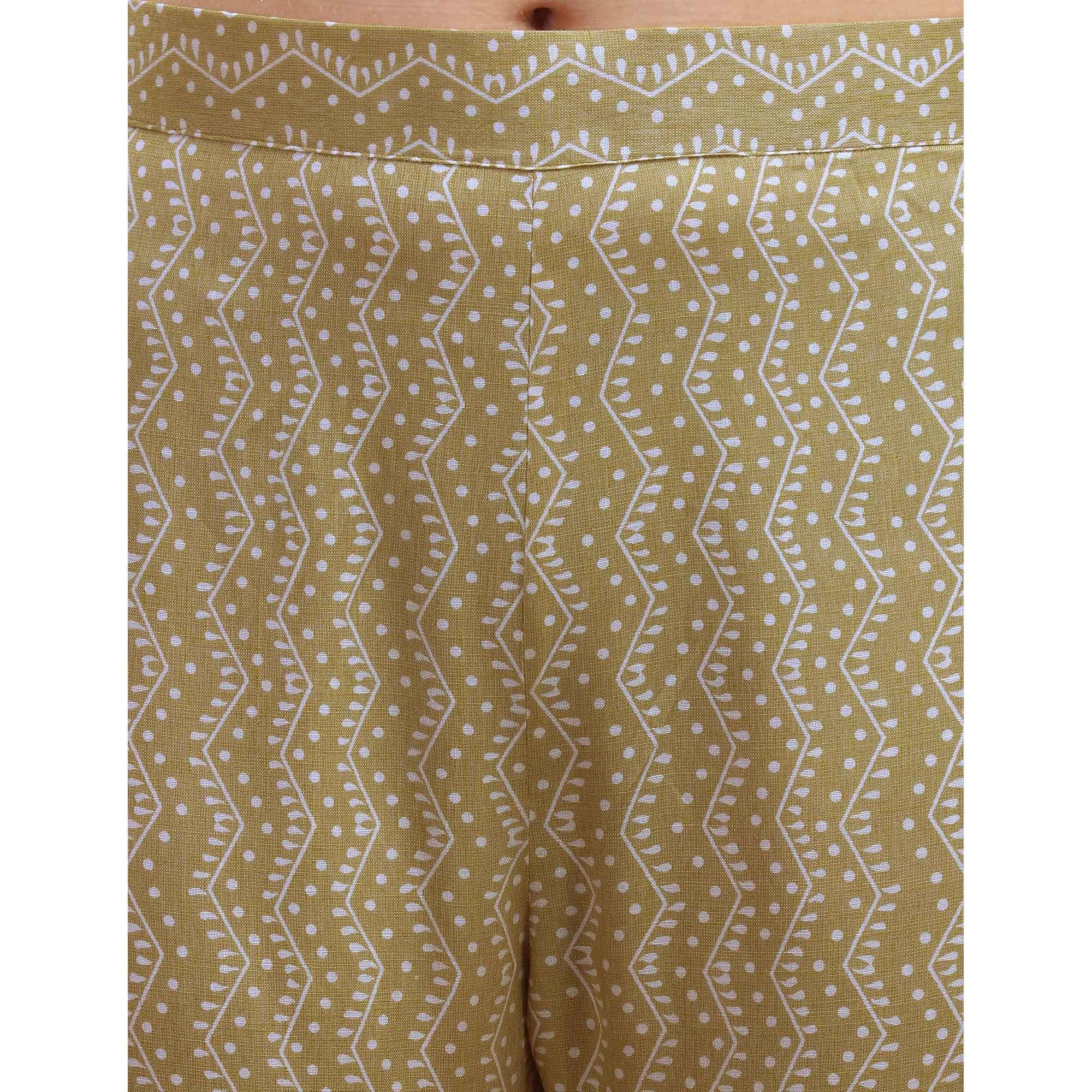 Refreshing Yellow Colored Casual Wear Silver Zari Foil Printed Rayon Slub Kurti - Pant Set - Peachmode
