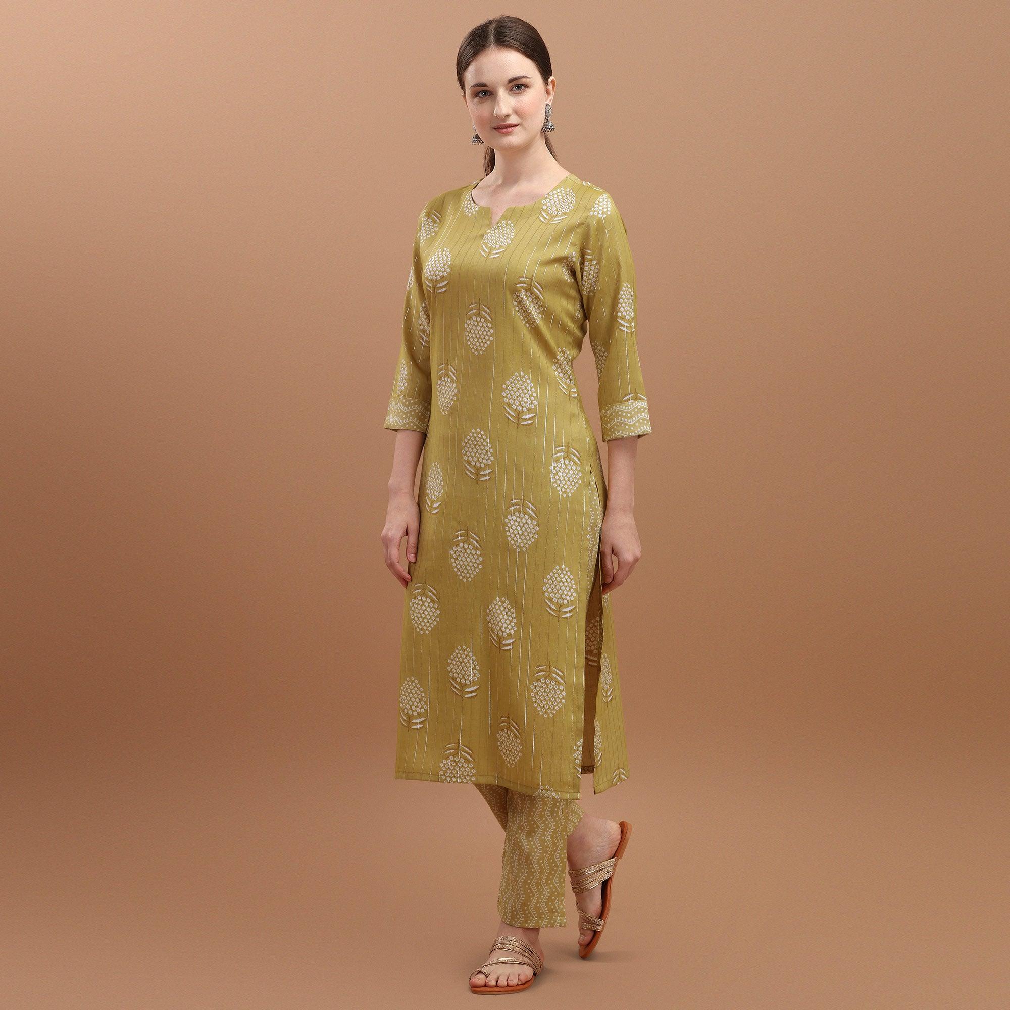 Refreshing Yellow Colored Casual Wear Silver Zari Foil Printed Rayon Slub Kurti - Pant Set - Peachmode