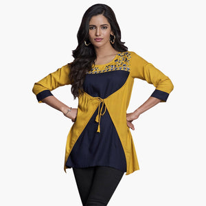 Refreshing Yellow-Navy Blue Colored Partywear Embroidered Rayon Western Top - Peachmode