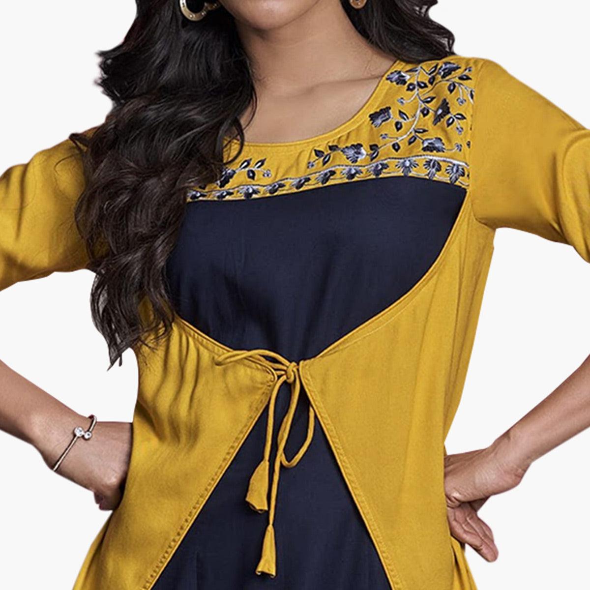 Refreshing Yellow-Navy Blue Colored Partywear Embroidered Rayon Western Top - Peachmode