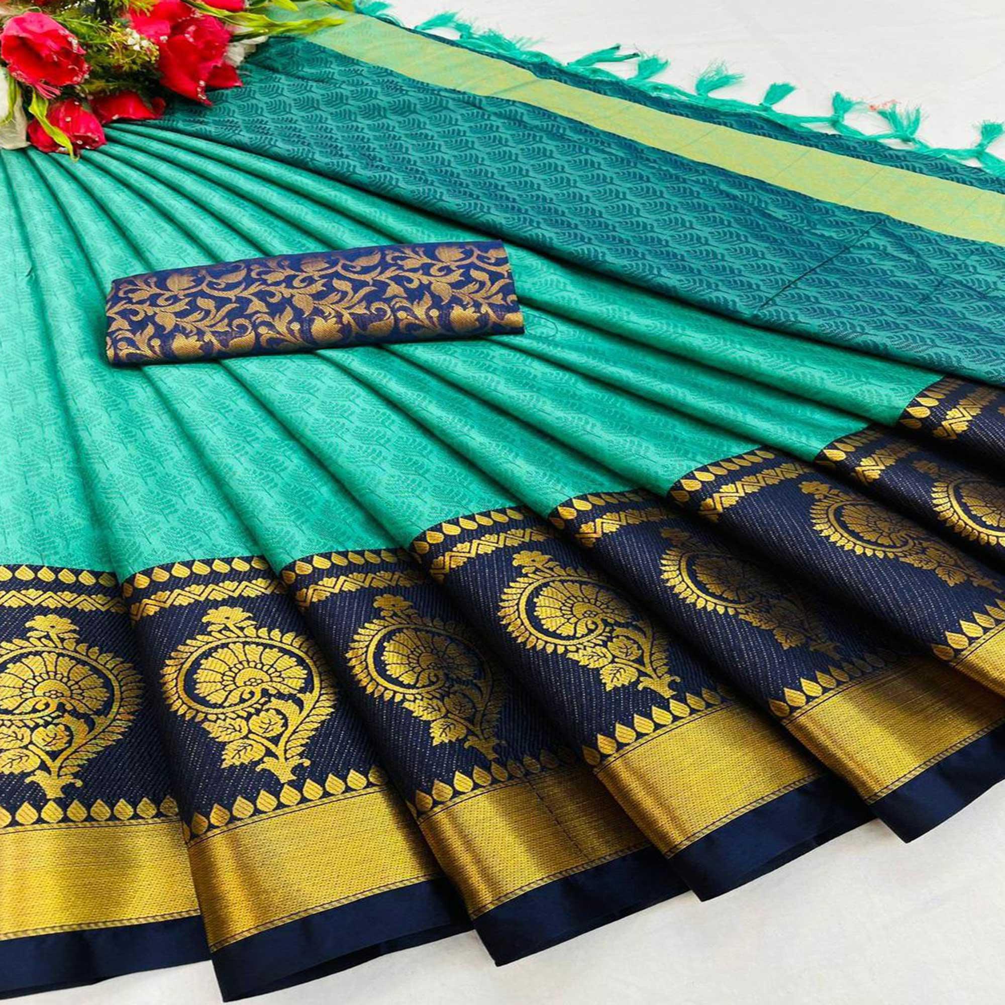 Rexona Festive Wear Woven Heavy Rich Cotton Silk Saree - Peachmode
