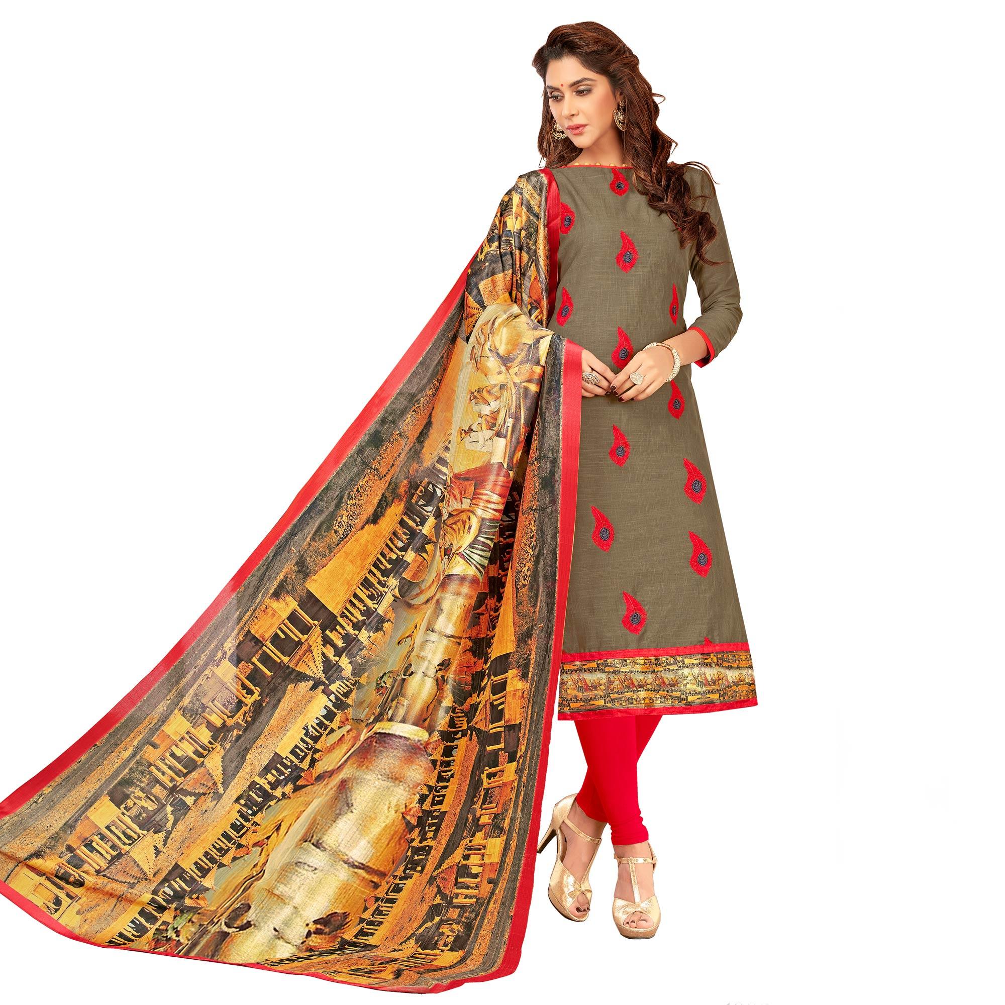 Rich Khaki Brown Colored Casual Embroidered Cotton Suit - Peachmode
