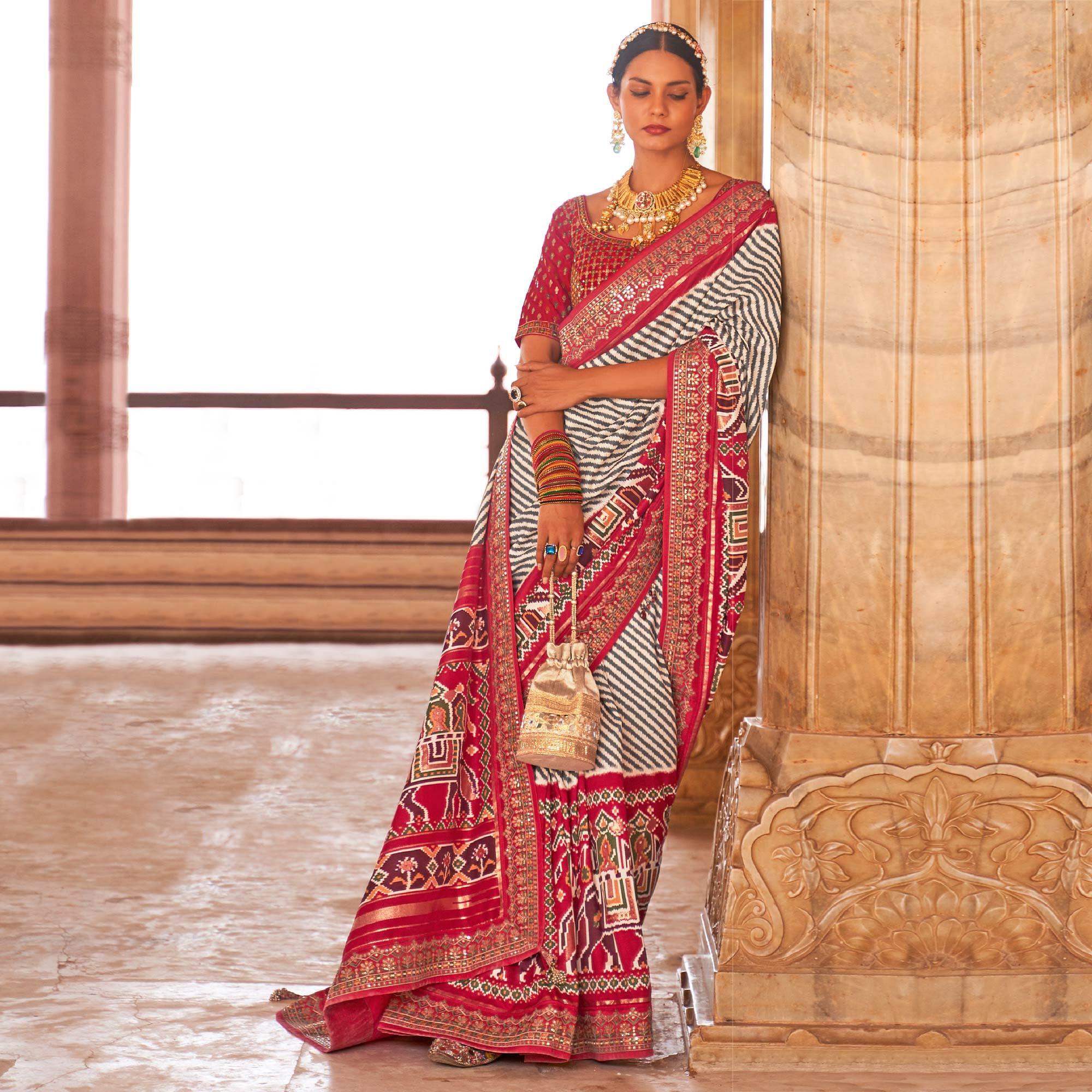 Rose Pink & Off White Patola Printed-Sequence Embroidered Pure Silk Saree - Peachmode