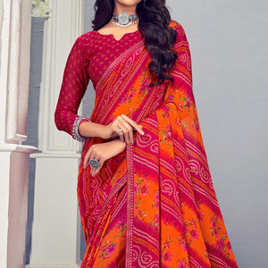 Rose Pink & Orange Bandhani Printed Chiffon Saree With Tassels - Peachmode