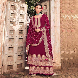 Rose Pink Embellished With Embroidered Georgette Palazzo Suit - Peachmode