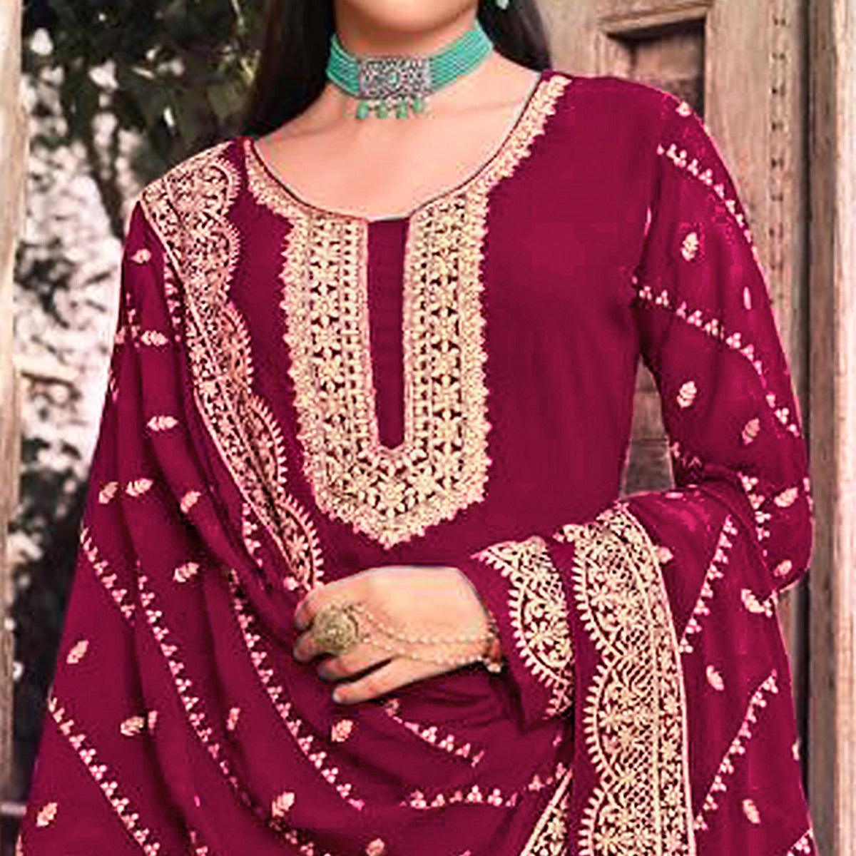 Rose Pink Embellished With Embroidered Georgette Palazzo Suit - Peachmode