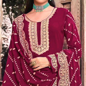 Rose Pink Embellished With Embroidered Georgette Palazzo Suit - Peachmode