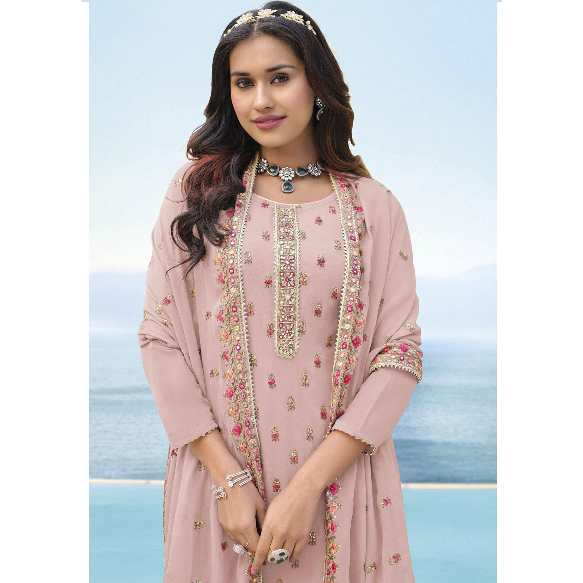 Rose Pink Embroidered Georgette Palazzo Suit - Peachmode