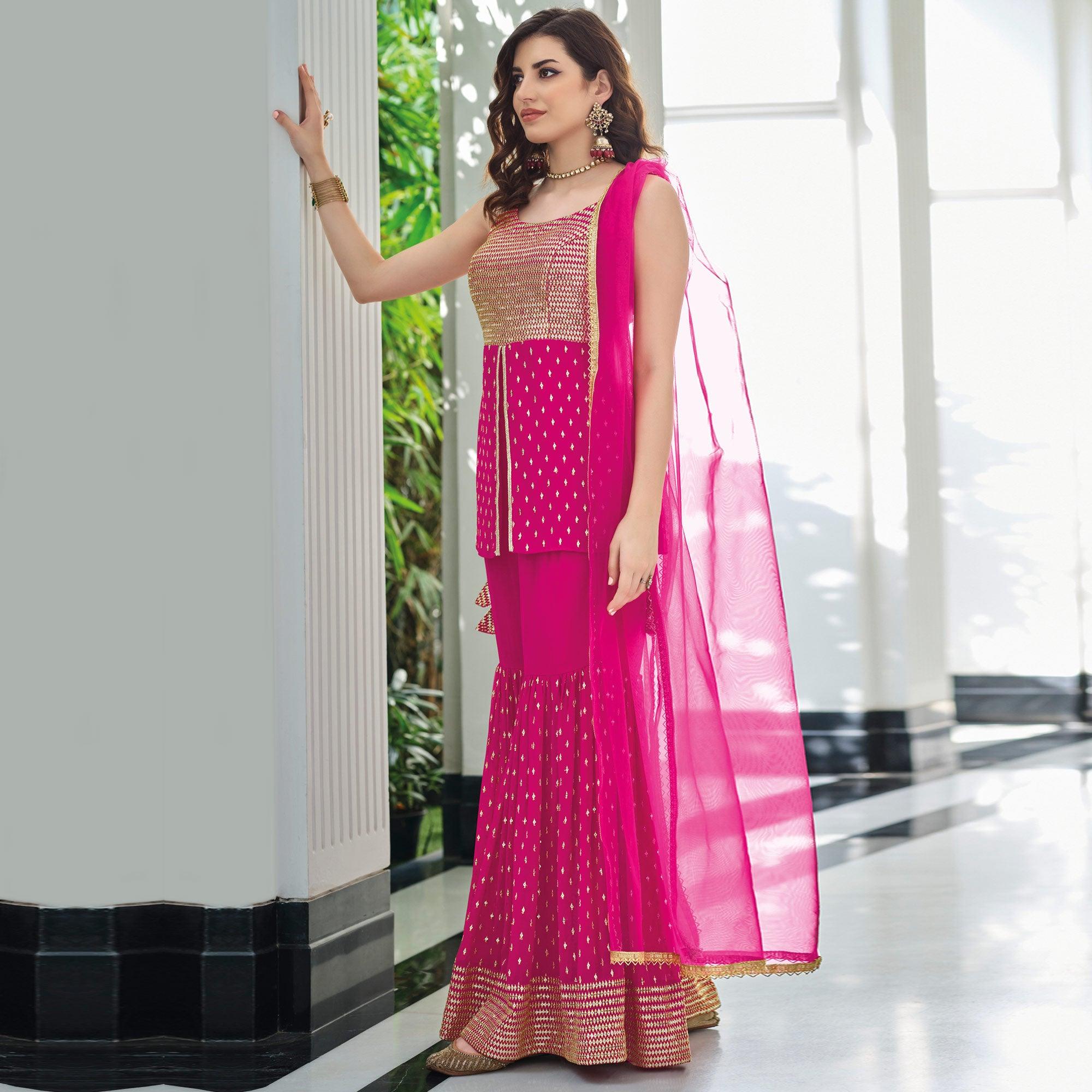 Rose Pink Embroidered Georgette Sharara Suit - Peachmode
