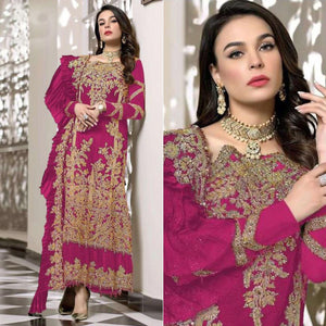 Rose Pink Embroidered Resham Work Georgette Pakistani Suit - Peachmode
