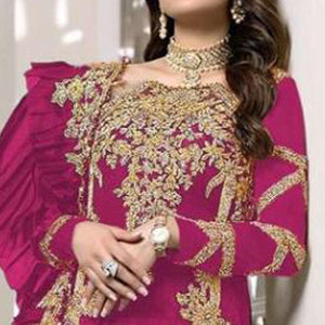 Rose Pink Embroidered Resham Work Georgette Pakistani Suit - Peachmode