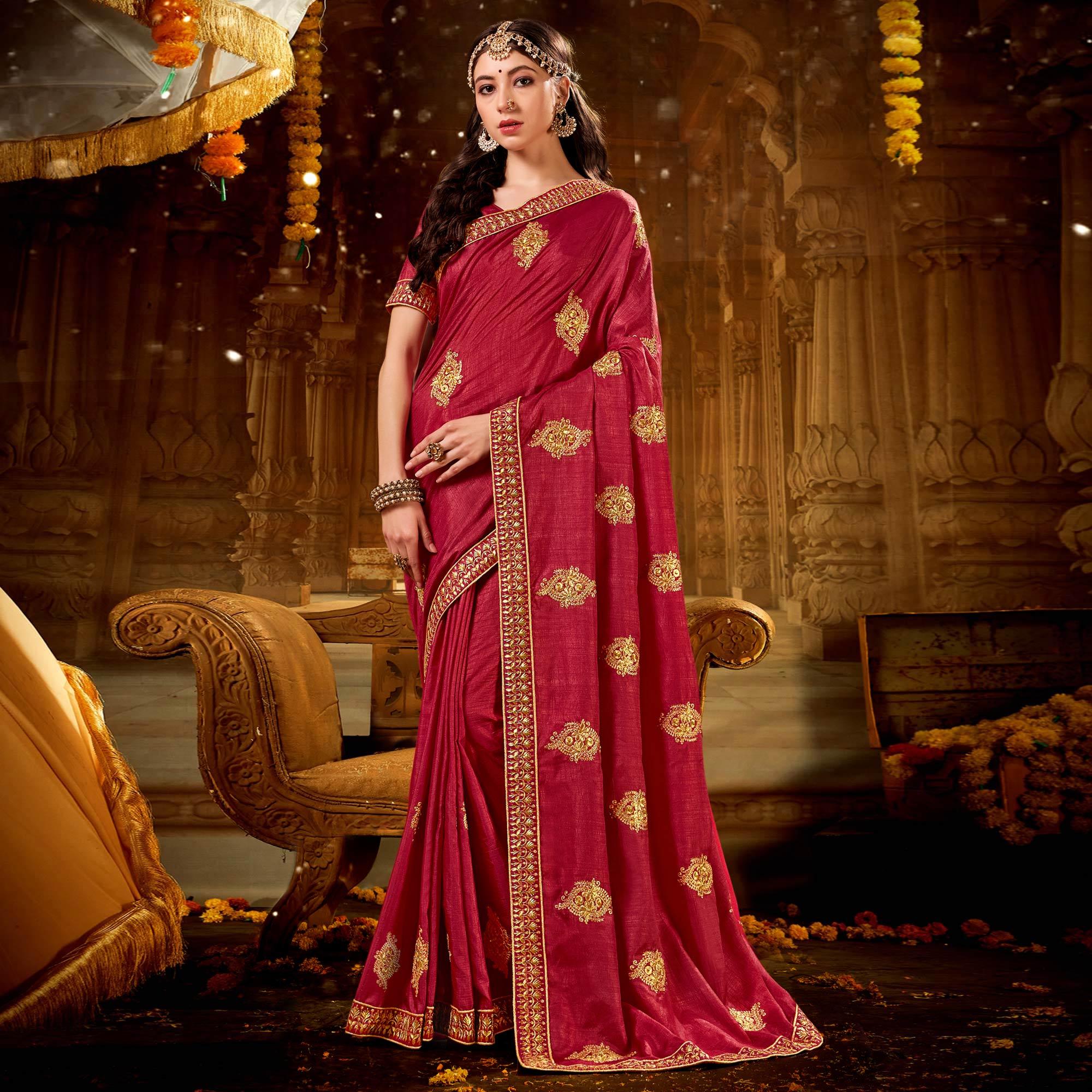 Rose Pink Embroidered With Embellished Vichitra Silk Saree - Peachmode