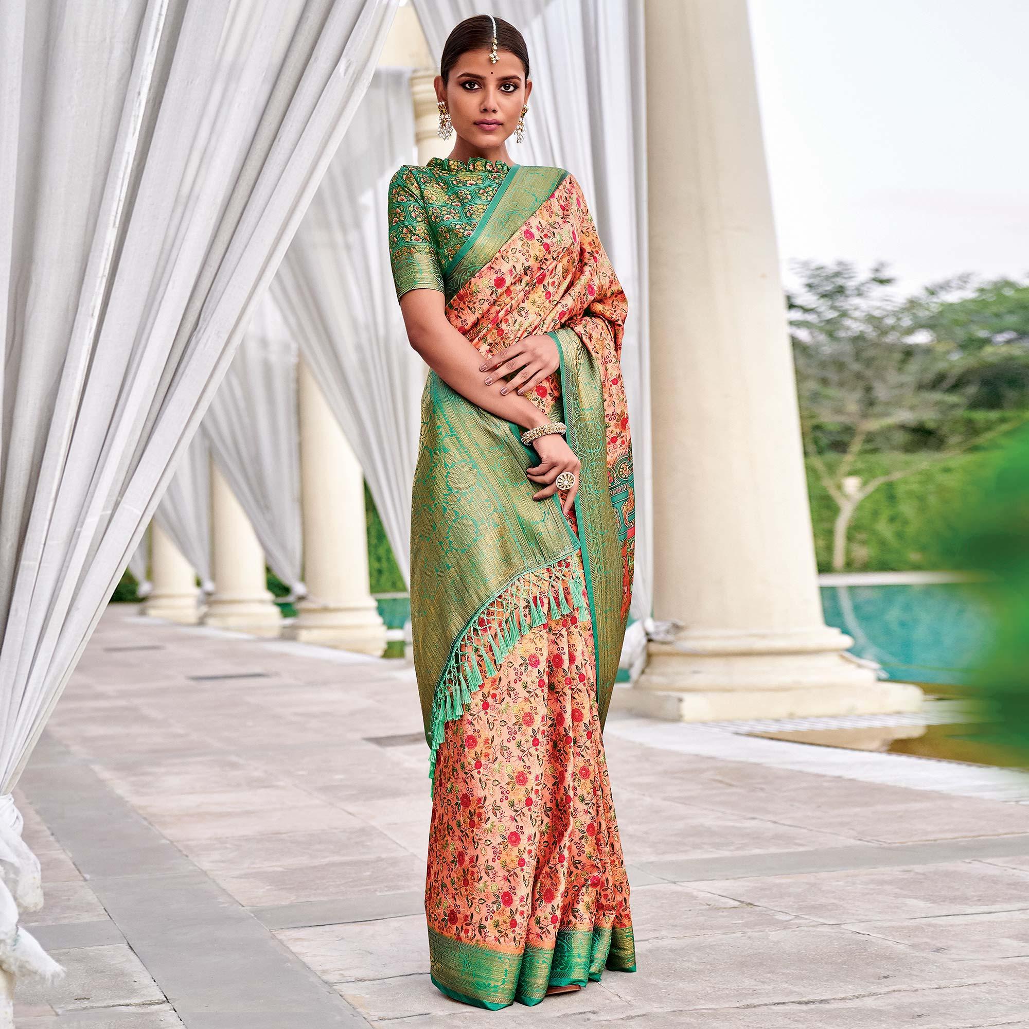 Rose Pink Festive Wear Digital Printed Woven Silk Saree - Peachmode