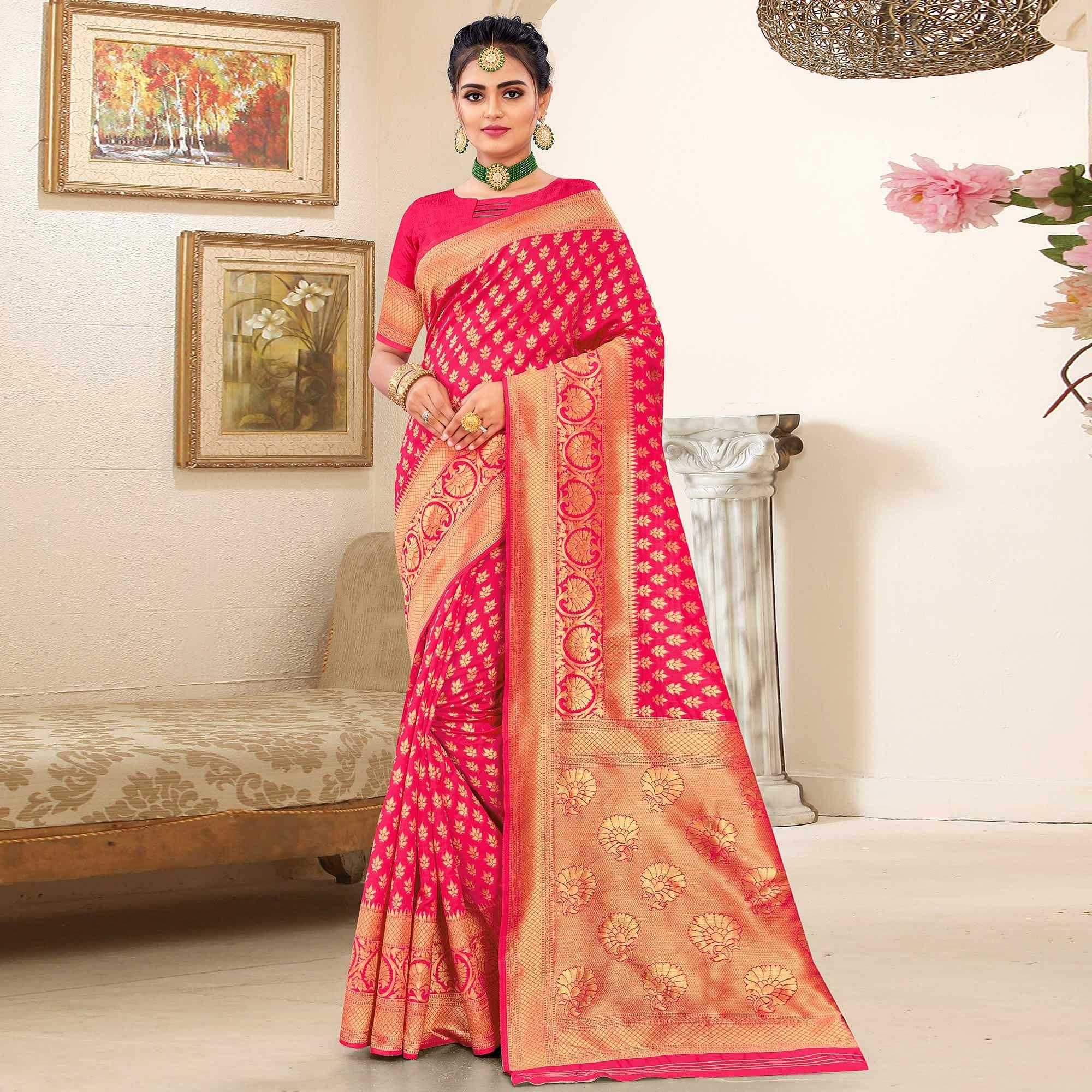 Rose Pink Festive Wear Woven Art Silk Saree - Peachmode