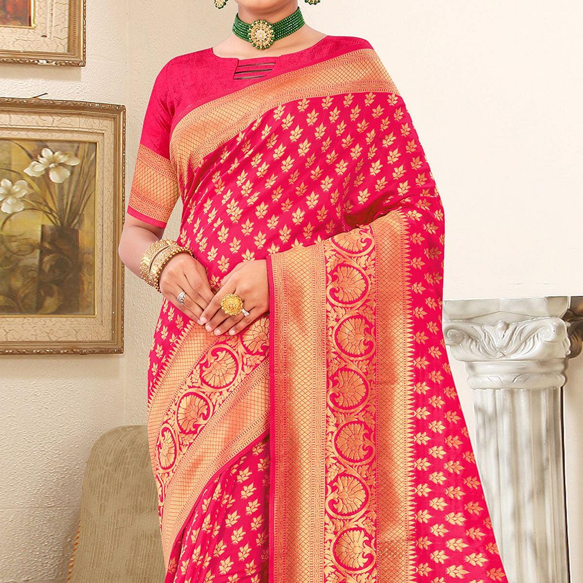 Rose Pink Festive Wear Woven Art Silk Saree - Peachmode