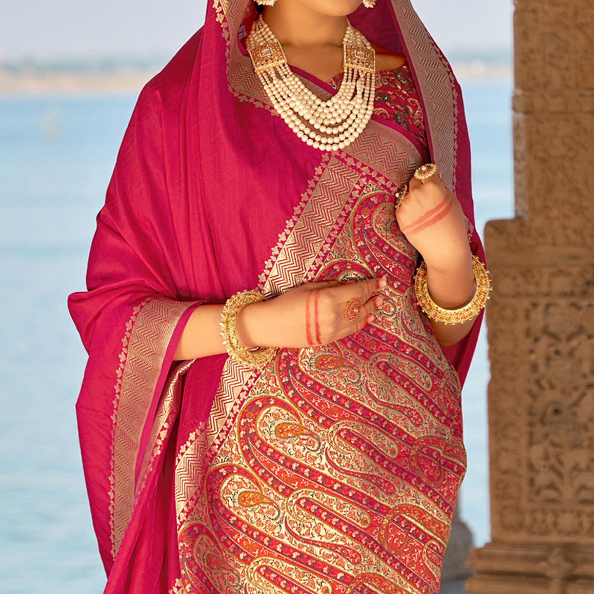 Rose Pink Festive Wear Woven Banarasi Silk Saree - Peachmode