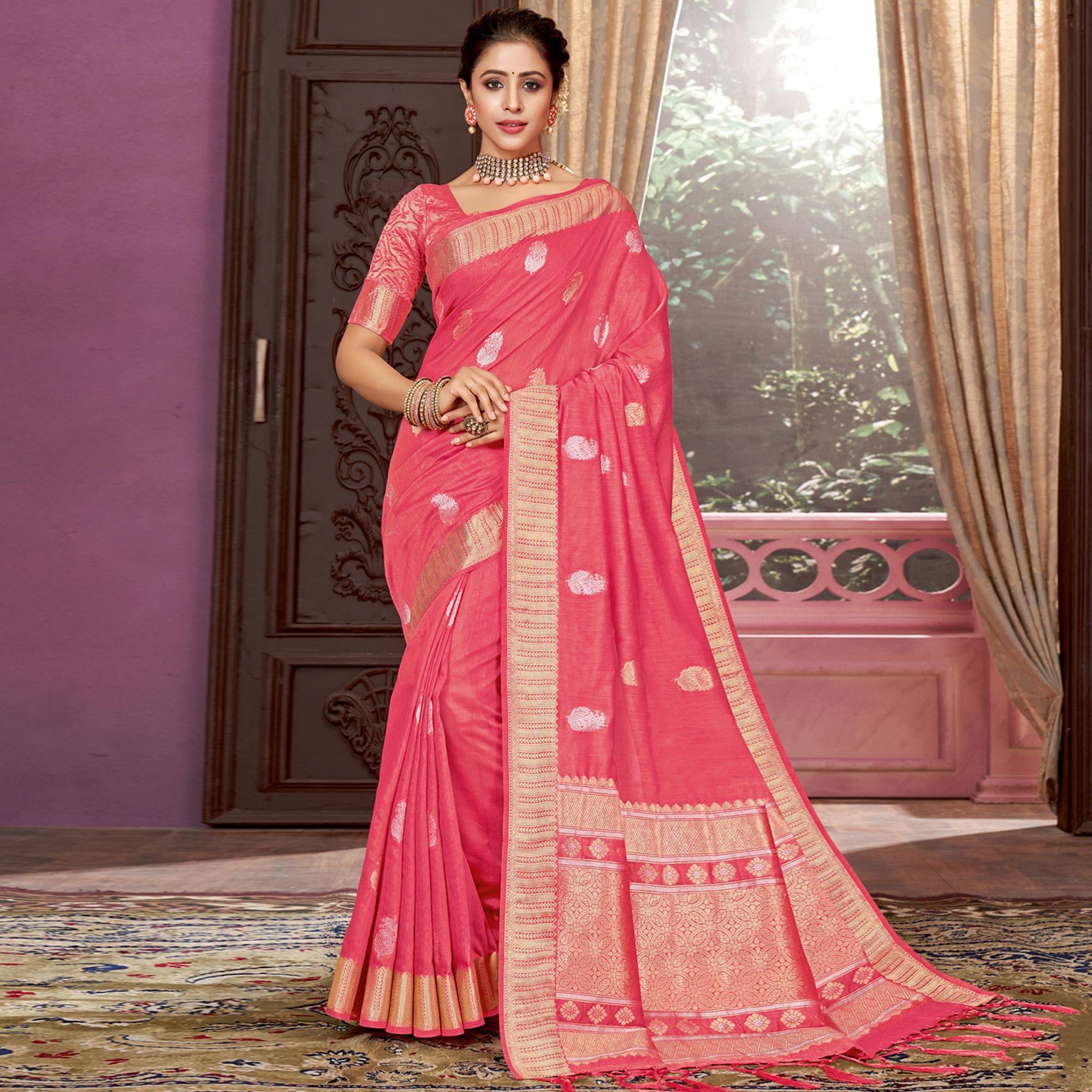 Rose Pink Festive Wear Woven Cotton Saree - Peachmode
