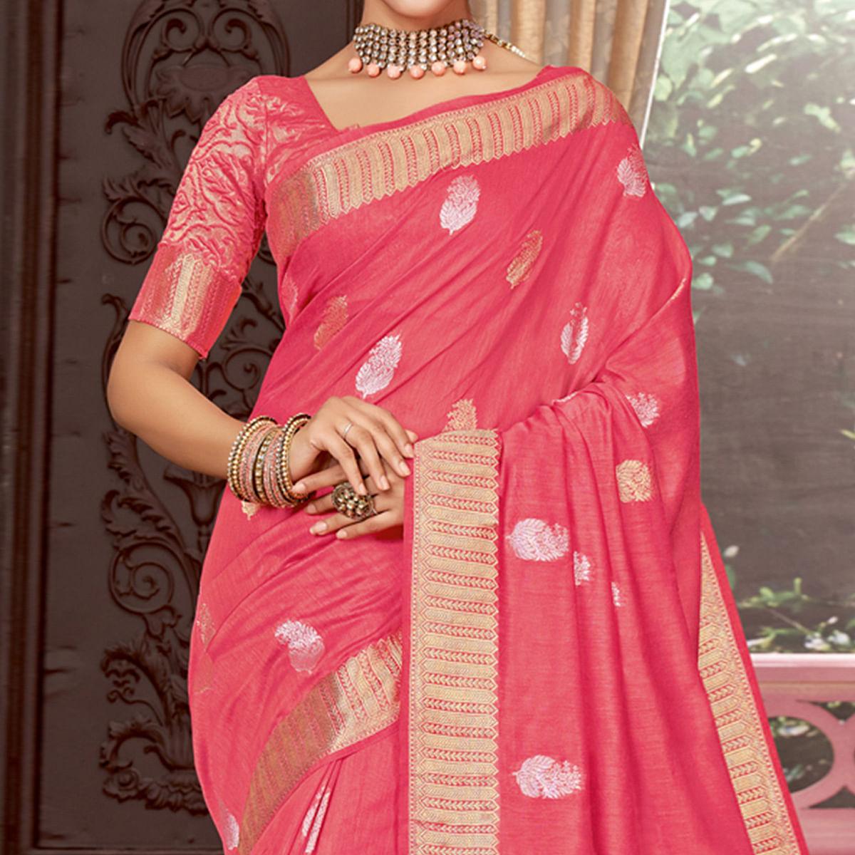 Rose Pink Festive Wear Woven Cotton Saree - Peachmode