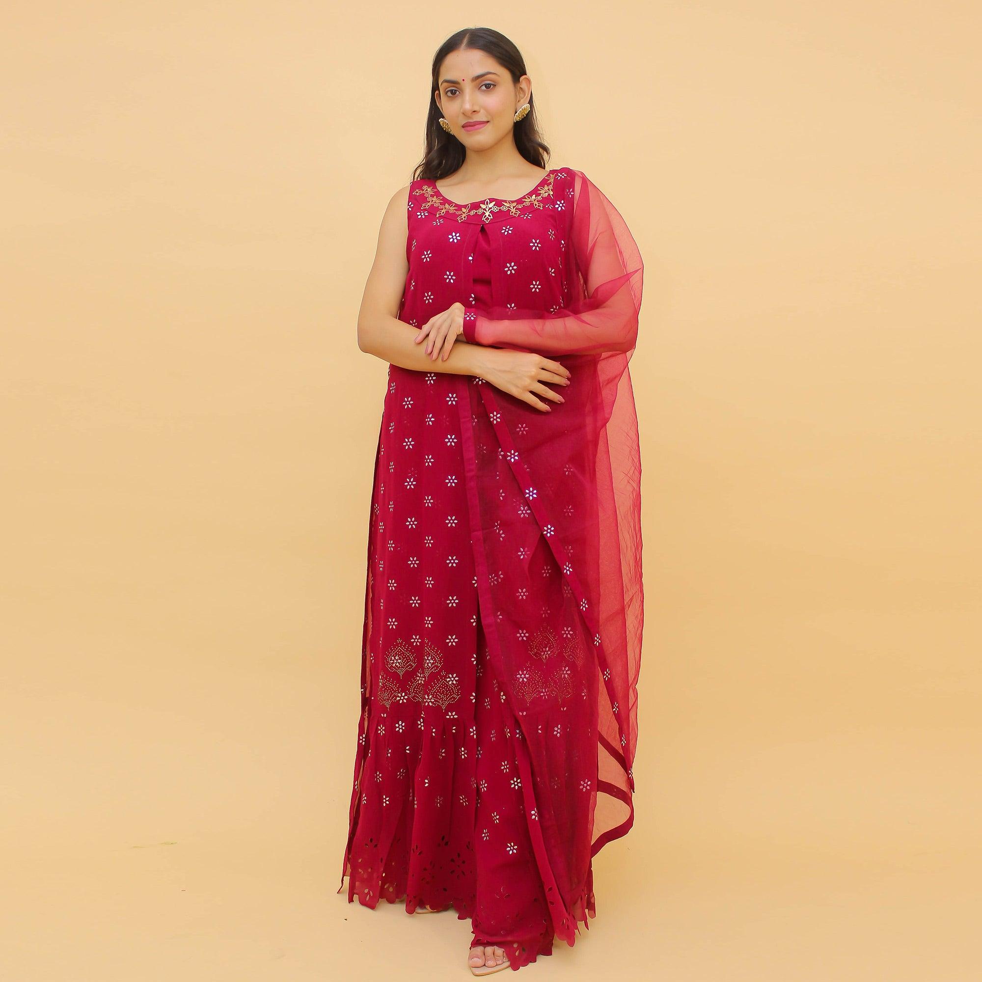 Rose Pink Floral Printed Georgette Partywear Suit - Peachmode