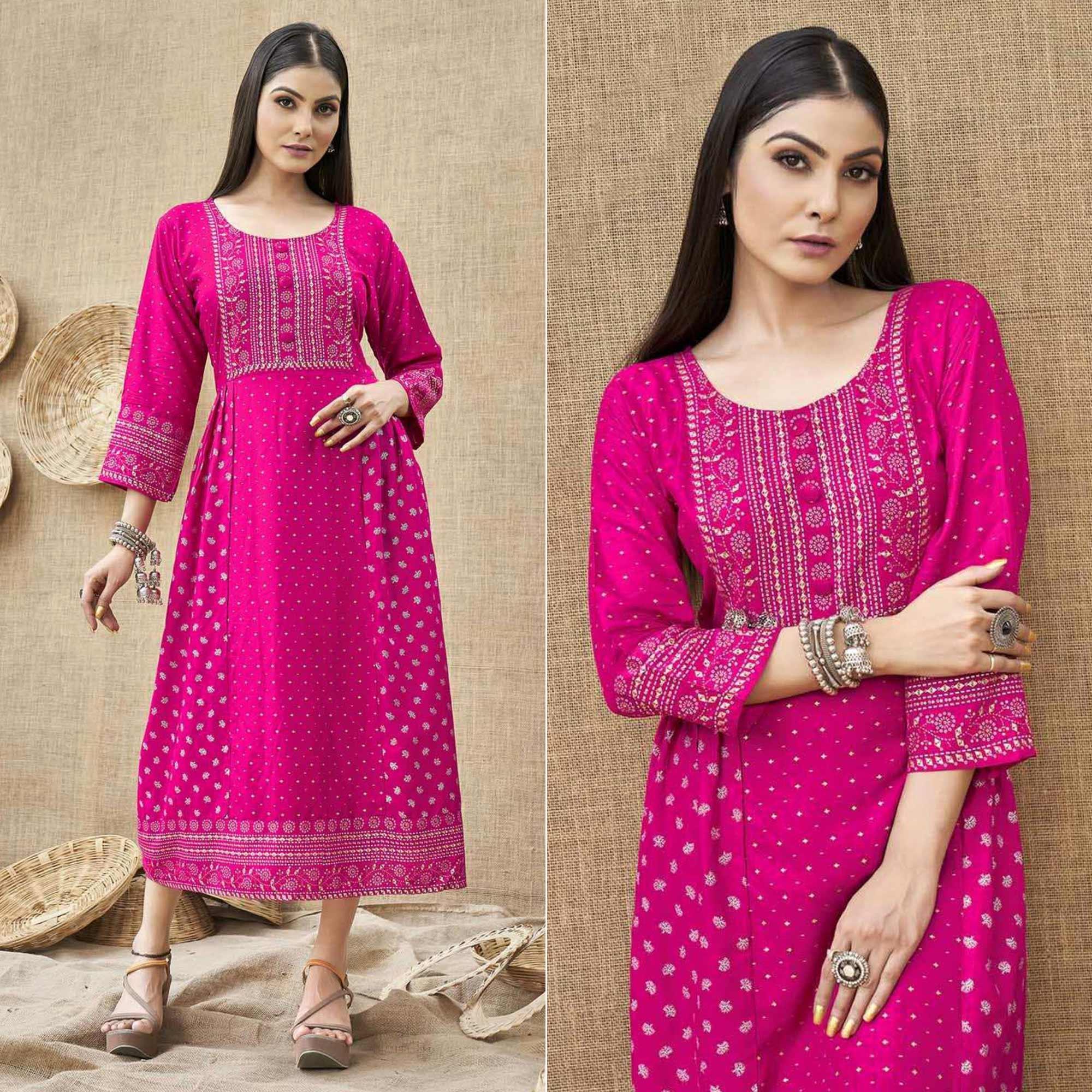 Rose Pink Foil Printed Rayon Kurti - Peachmode