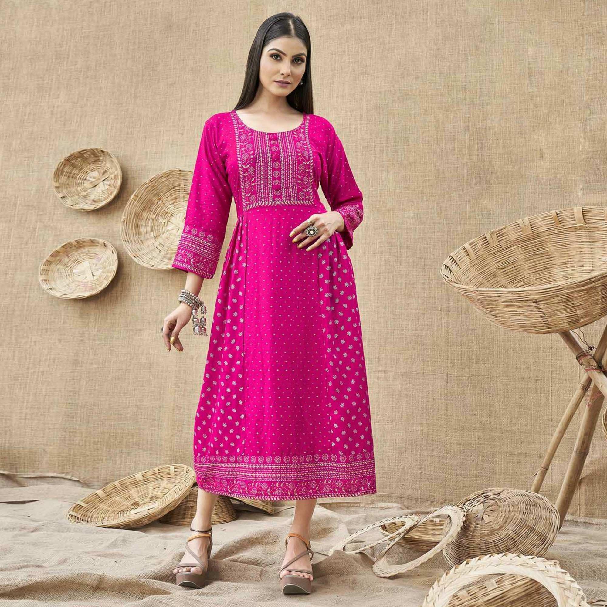 Rose Pink Foil Printed Rayon Kurti - Peachmode