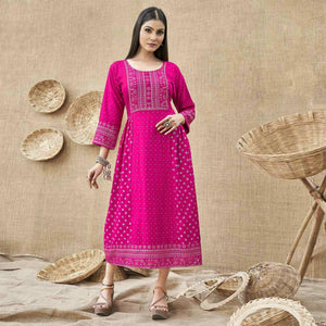 Rose Pink Foil Printed Rayon Kurti - Peachmode