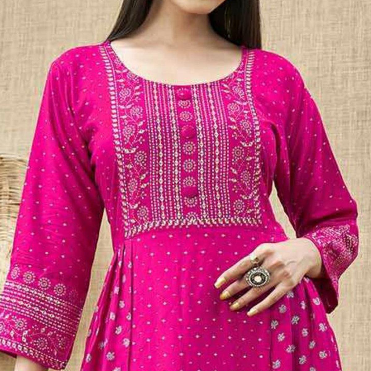 Rose Pink Foil Printed Rayon Kurti - Peachmode