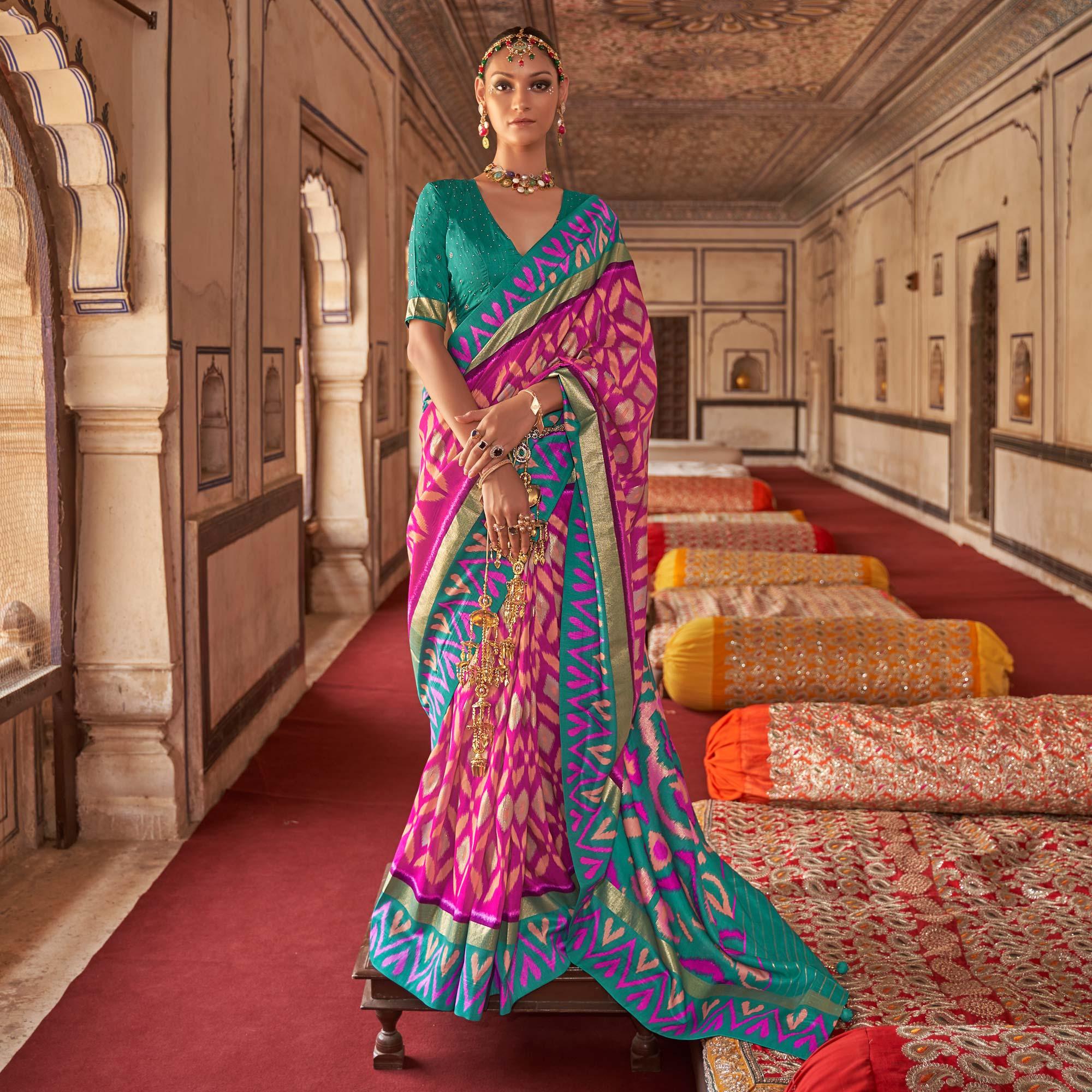 Rose Pink Ikkat Printed-Woven Patola Art Silk Saree - Peachmode