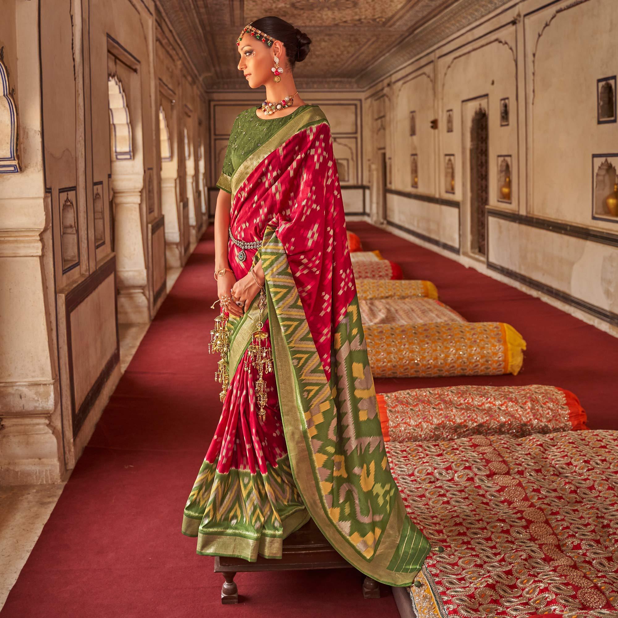 Rose Pink Ikkat Printed-Woven Patola Art Silk Saree - Peachmode