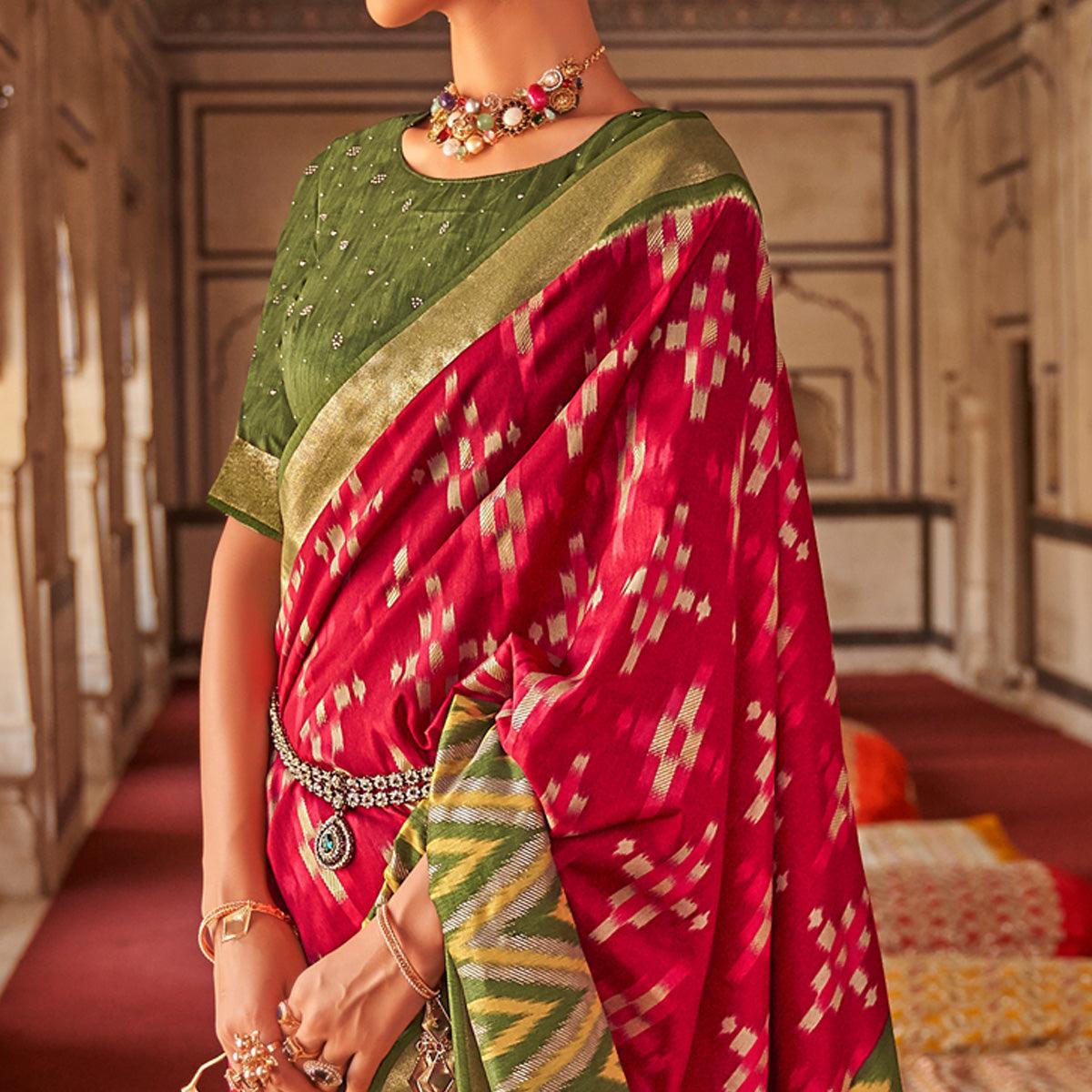 Rose Pink Ikkat Printed-Woven Patola Art Silk Saree - Peachmode