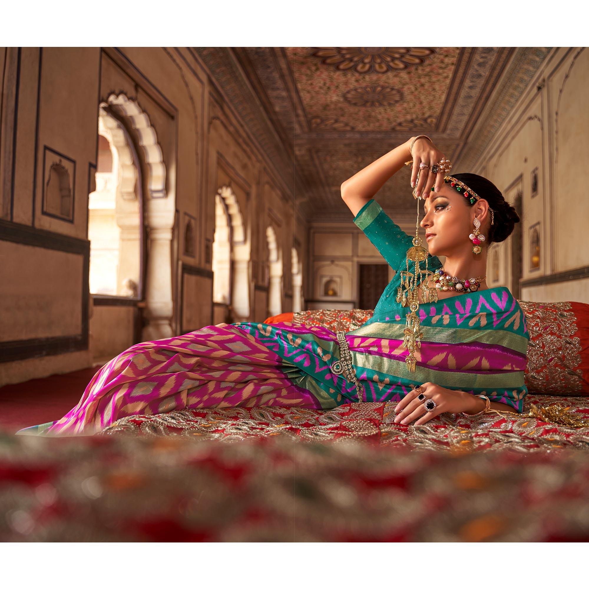 Rose Pink Ikkat Printed-Woven Patola Art Silk Saree - Peachmode