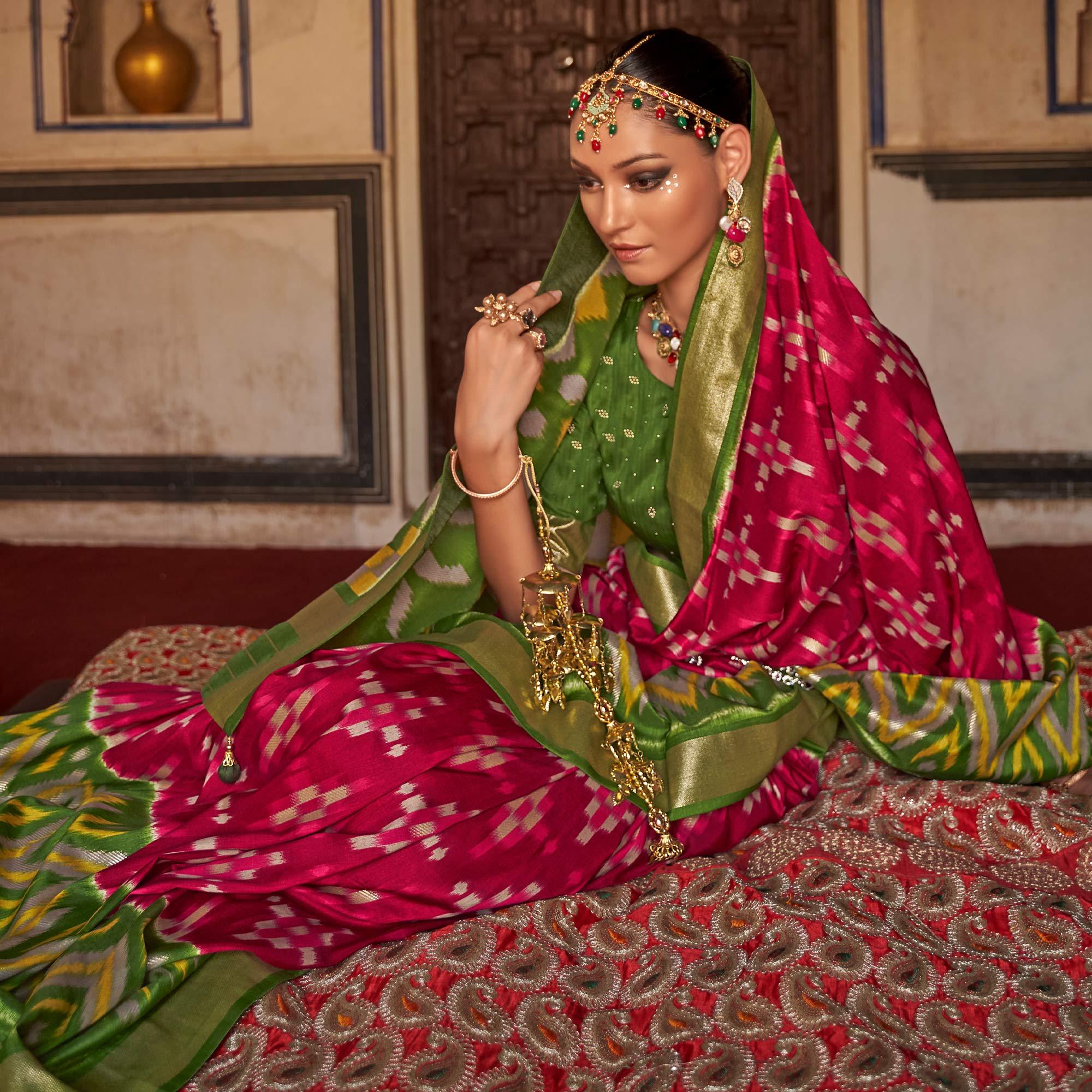 Rose Pink Ikkat Printed-Woven Patola Art Silk Saree - Peachmode