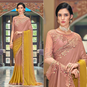 Rose Pink - Mustard Floral Sequence Embroidered Art Silk Saree - Peachmode