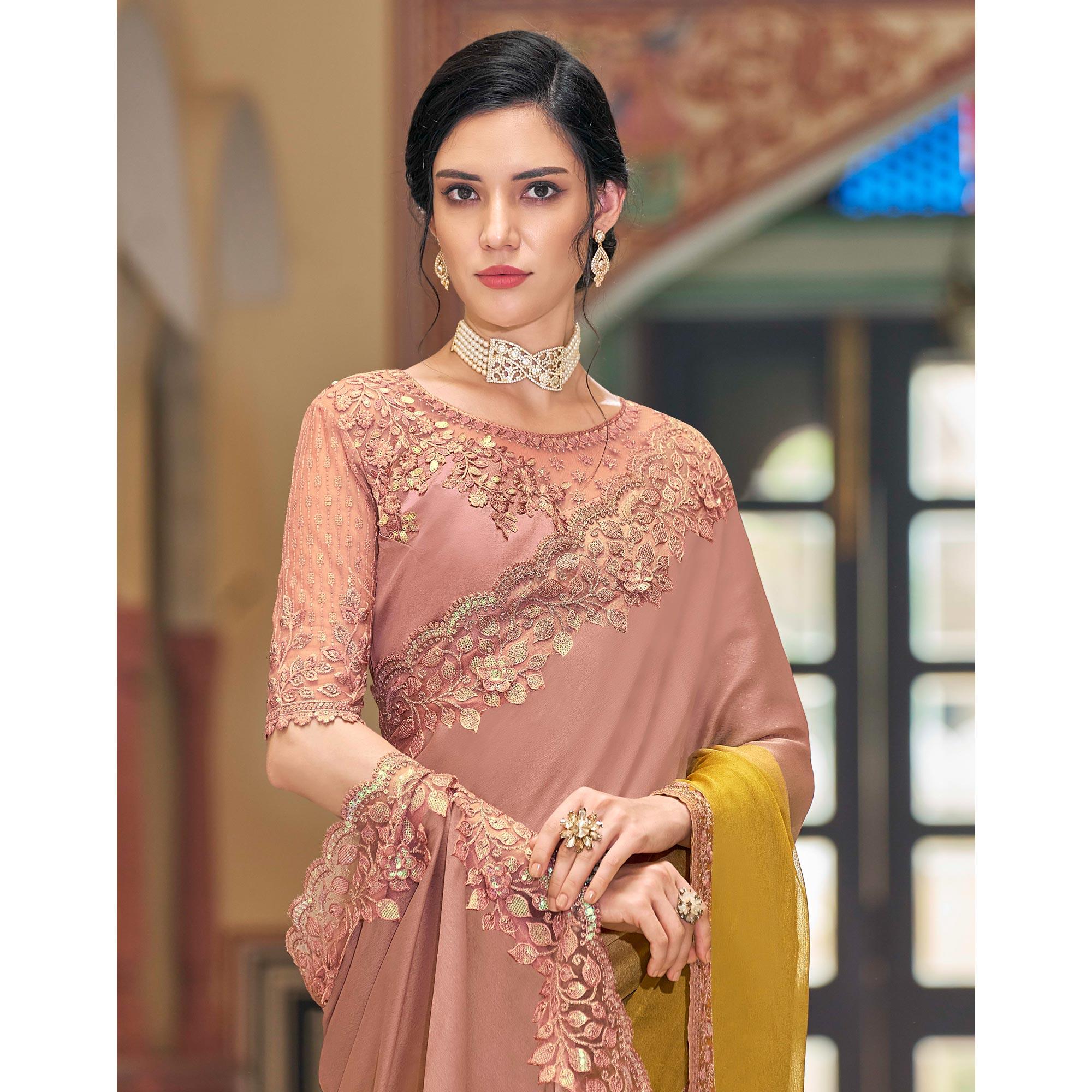 Rose Pink - Mustard Floral Sequence Embroidered Art Silk Saree - Peachmode