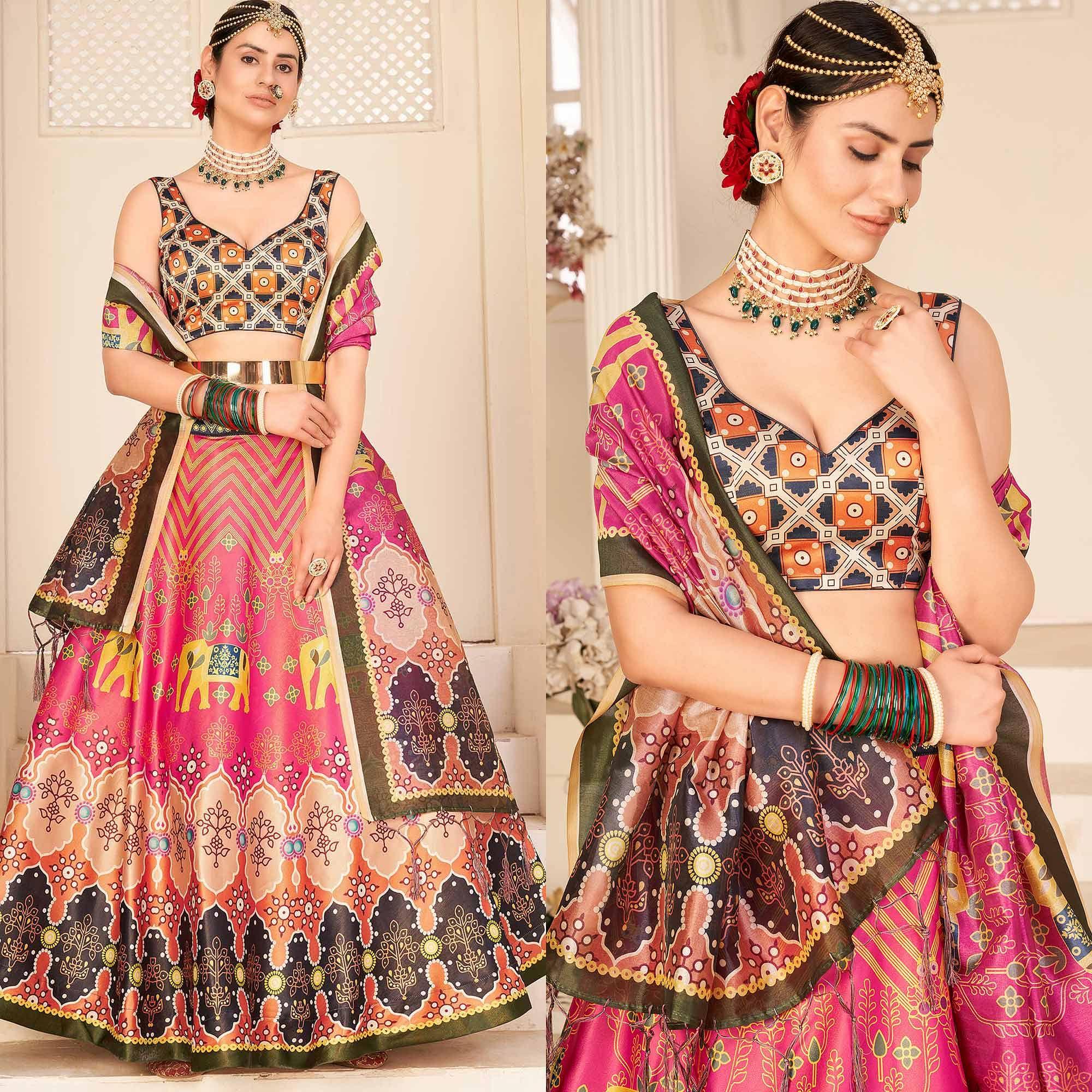 Rose Pink Party Wear Digital Printed Silk Lehenga Choli - Peachmode