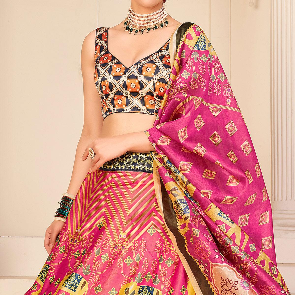 Rose Pink Party Wear Digital Printed Silk Lehenga Choli - Peachmode