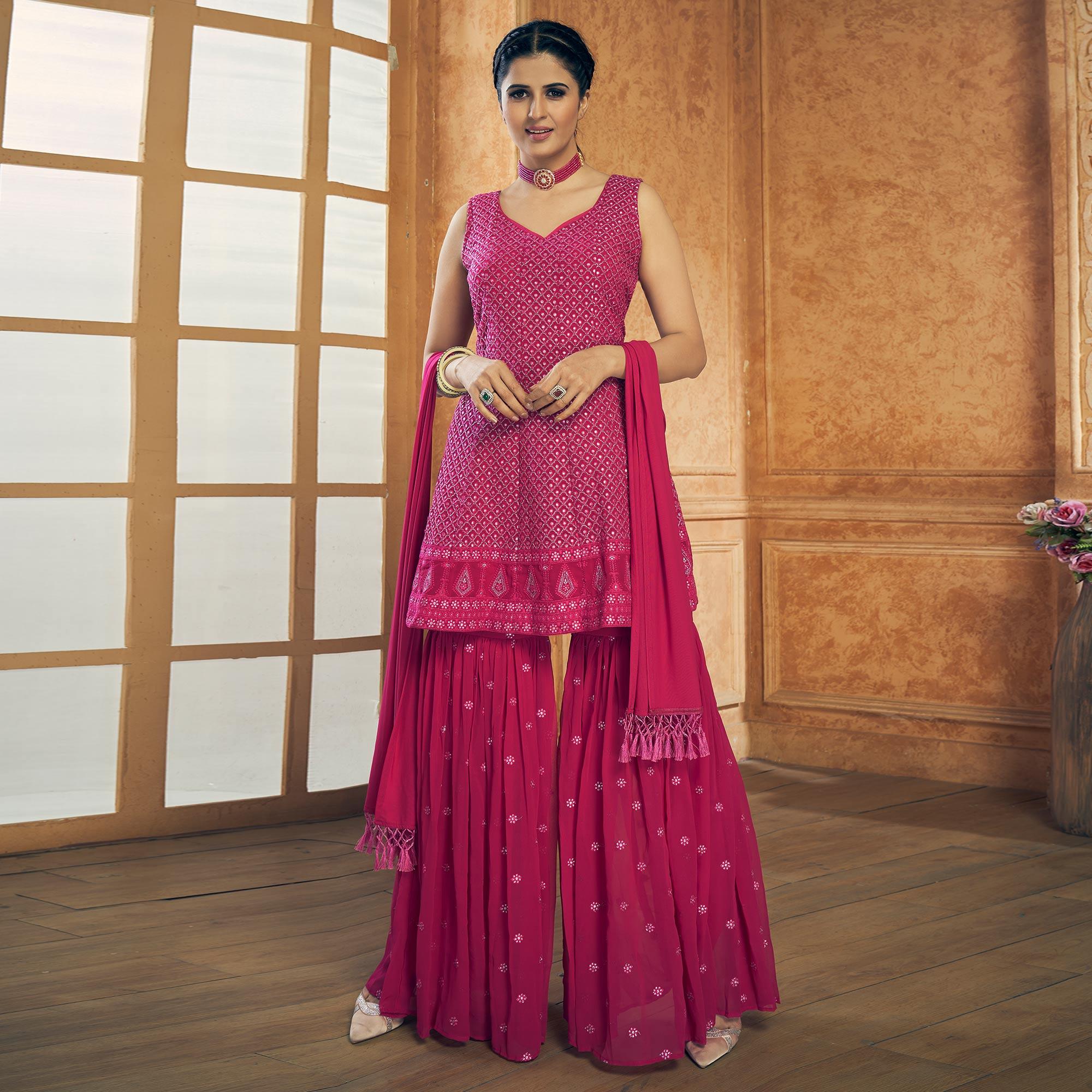 Rose Pink Party Wear Embroiddered Georgette Sharara Suit - Peachmode