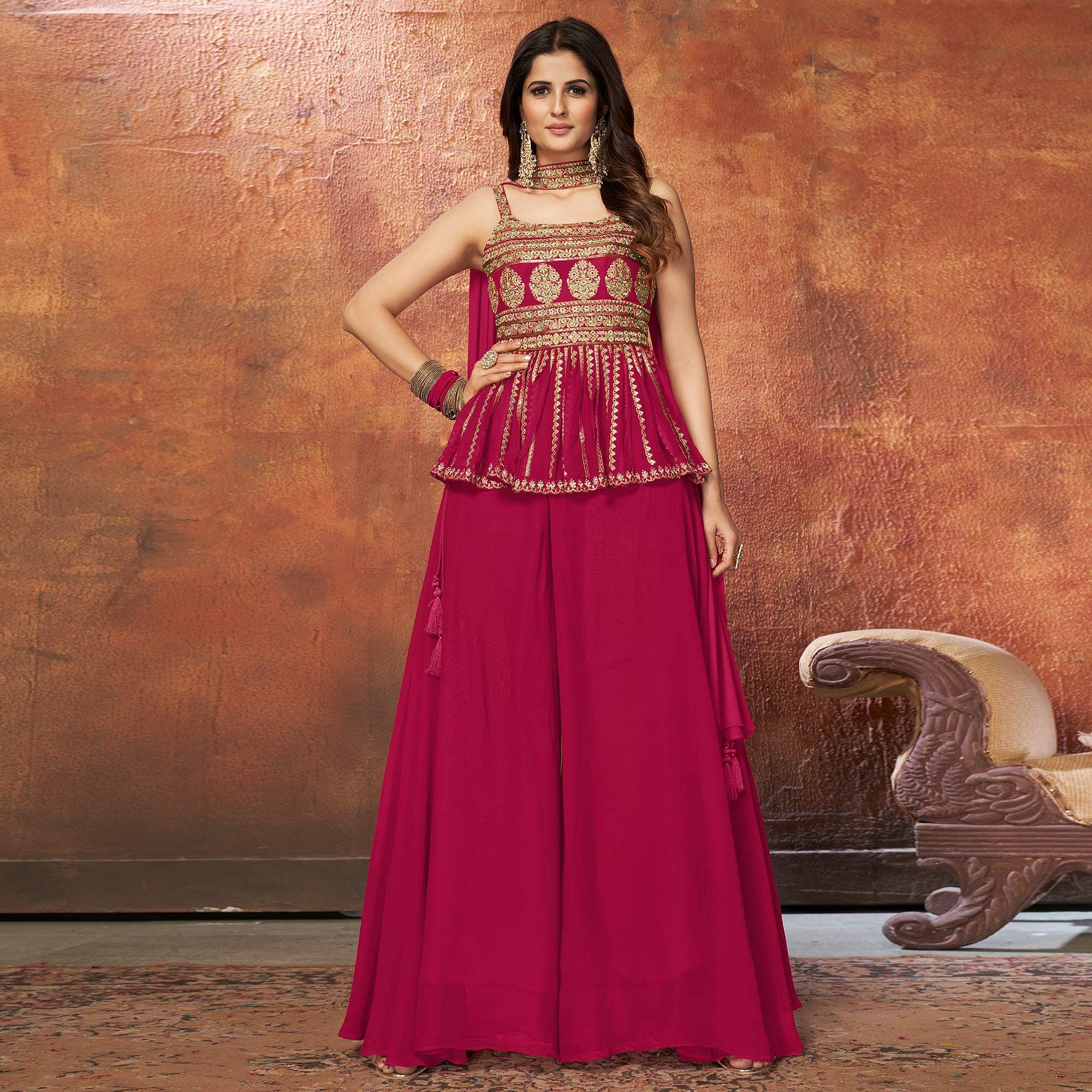 Rose Pink Party Wear Embroiddered Georgette Sharara Suit - Peachmode