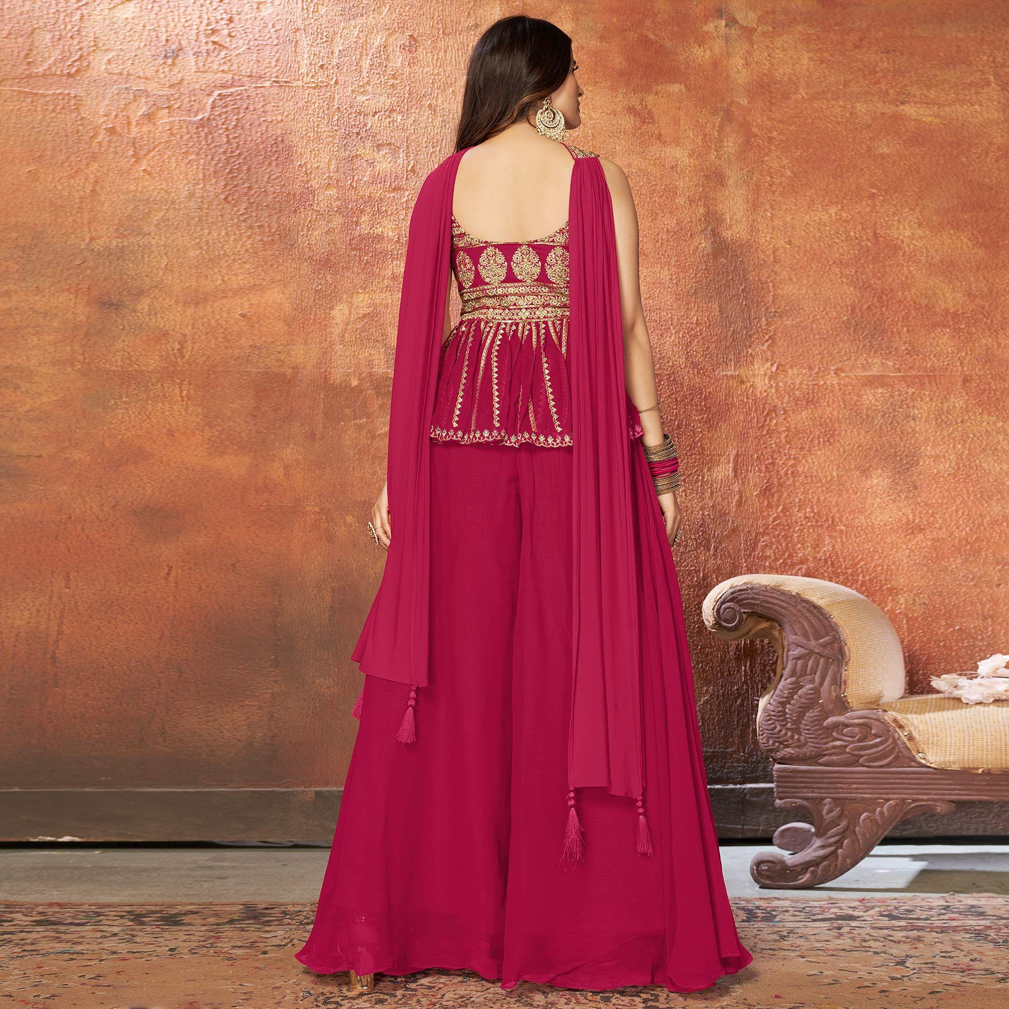 Rose Pink Party Wear Embroiddered Georgette Sharara Suit - Peachmode
