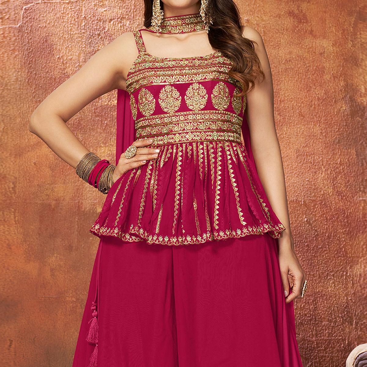 Rose Pink Party Wear Embroiddered Georgette Sharara Suit - Peachmode