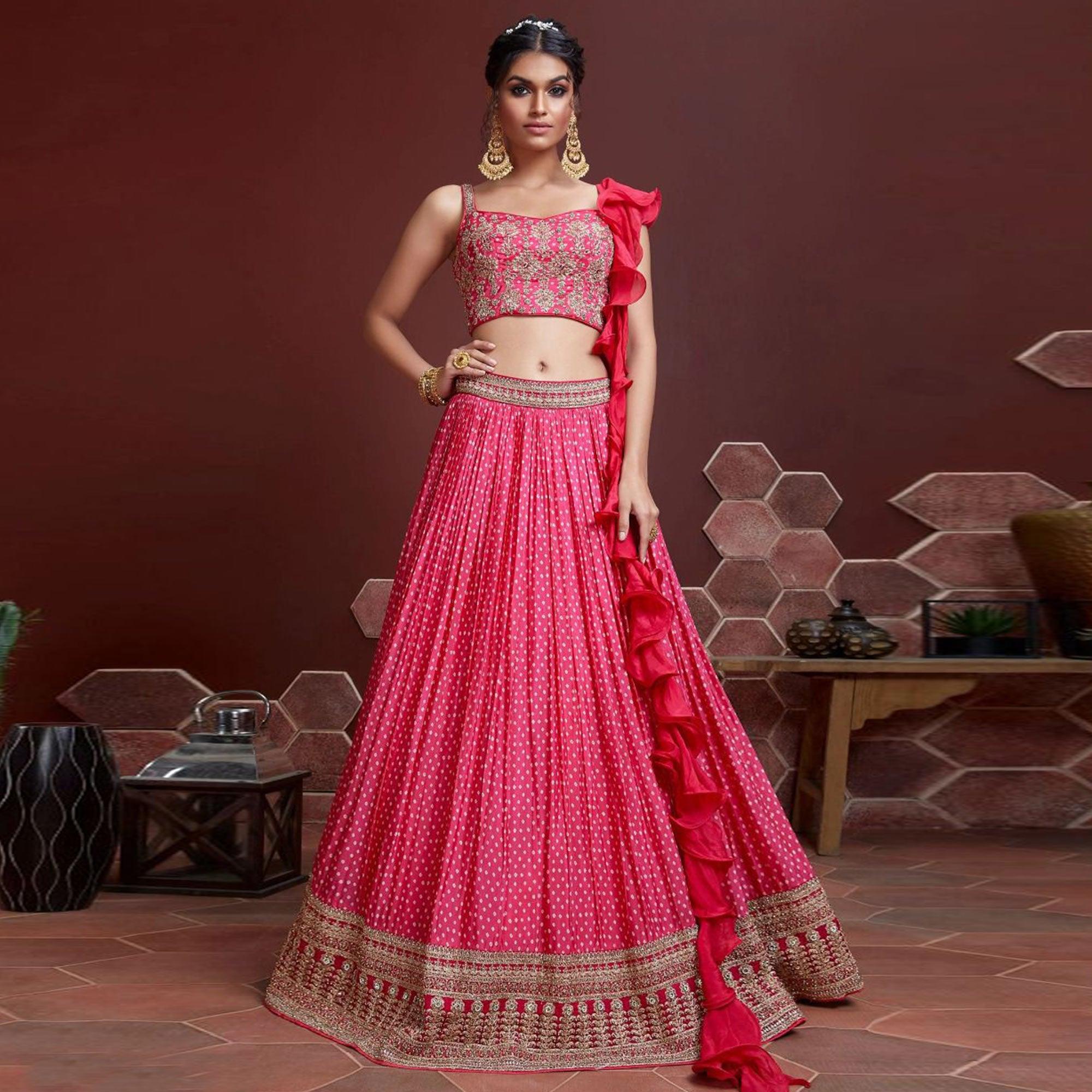 Rose Pink Party Wear Embroidered & embellished Chiffon Lehenga Choli - Peachmode