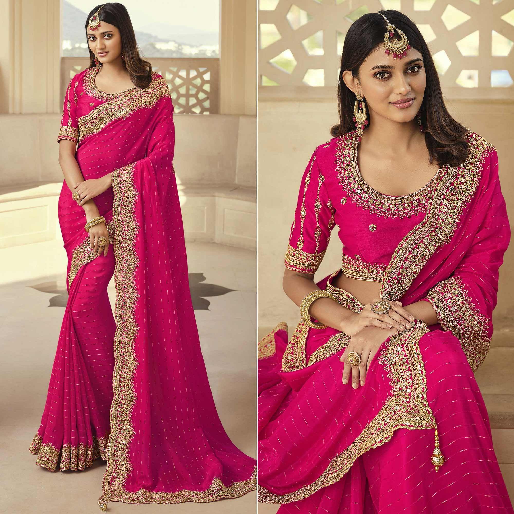 Rose Pink Party Wear Embroidered Satin Saree - Peachmode