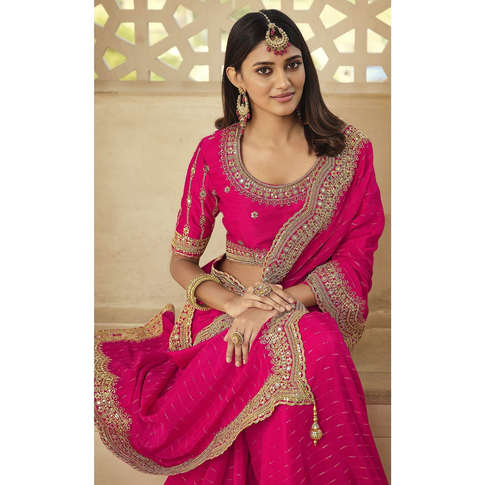 Rose Pink Party Wear Embroidered Satin Saree - Peachmode