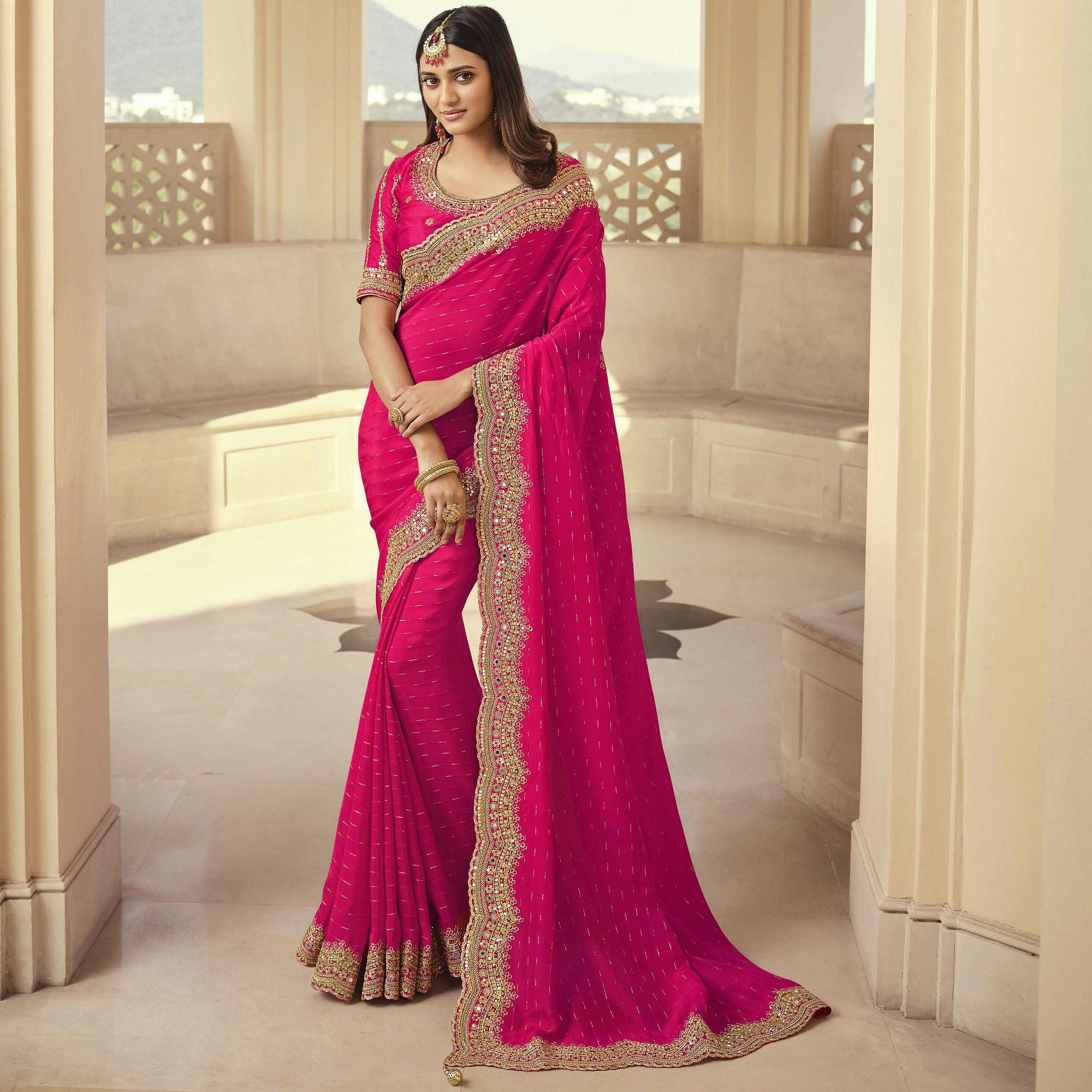Rose Pink Party Wear Embroidered Satin Saree - Peachmode