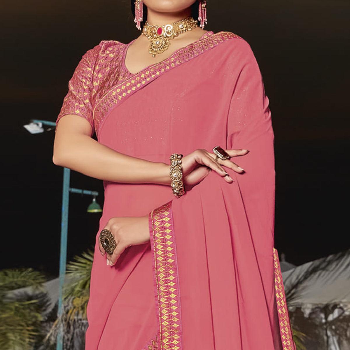 Rose Pink Partywear Embellished Georgette Saree - Peachmode